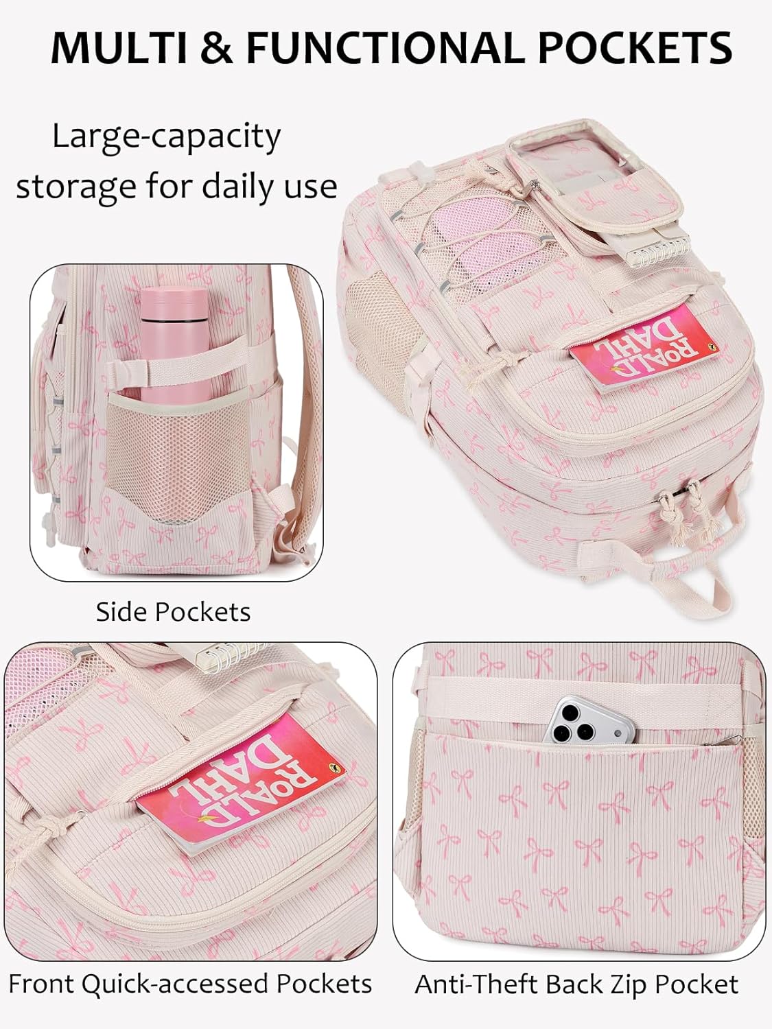 Octsky Cute Backpack for Teens Girls Women, Corduroy School Backpacks Kids Elementary Middle High Bookbag, Strawberry Beige