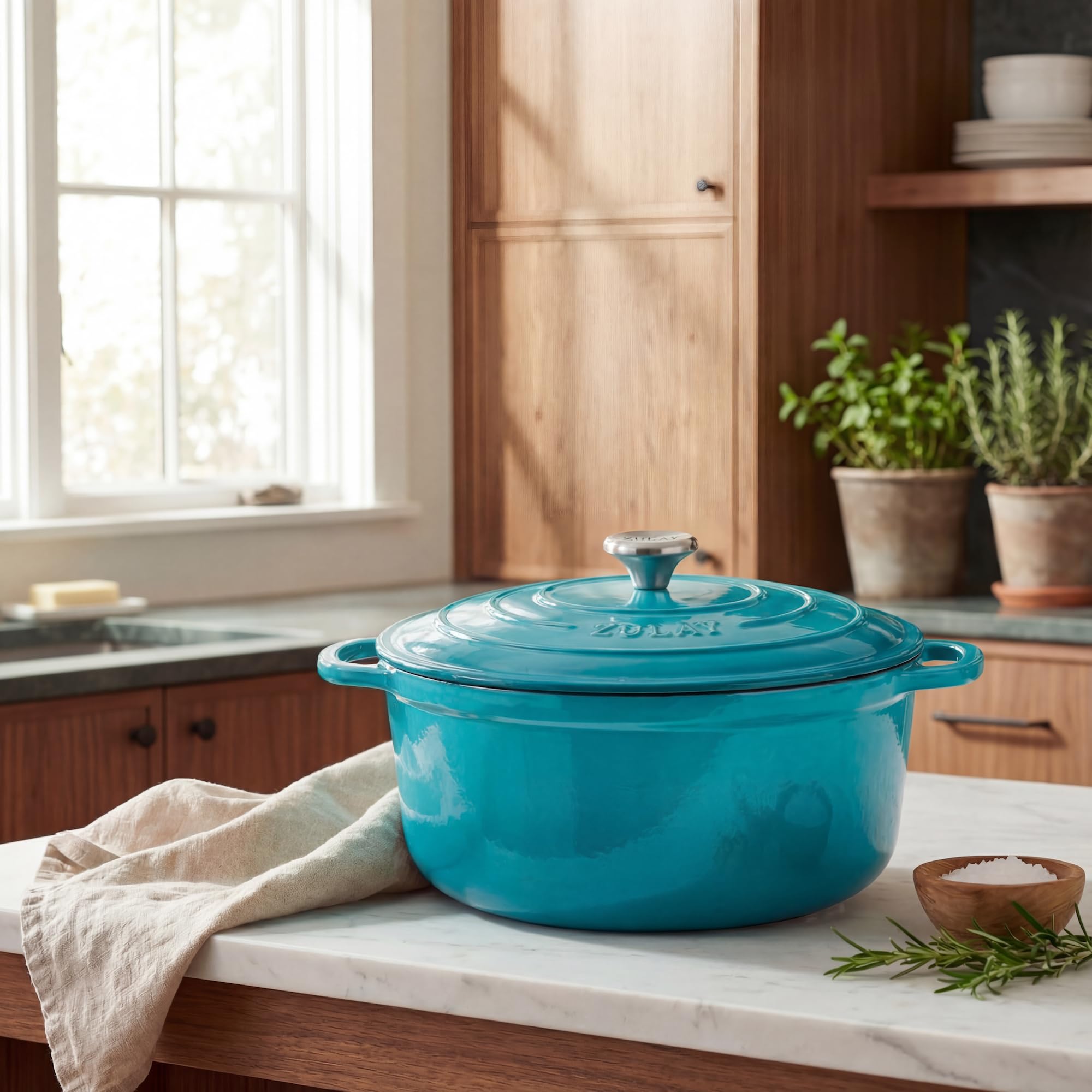 Zulay Kitchen 6 Quart Enameled Cast Iron Dutch Oven with Lid – Premium Durability & Oven Safe up to 500°F – Heavy Duty Cookware Perfect for Bread Baking, Stews, Braising & Roasting – Light Blue