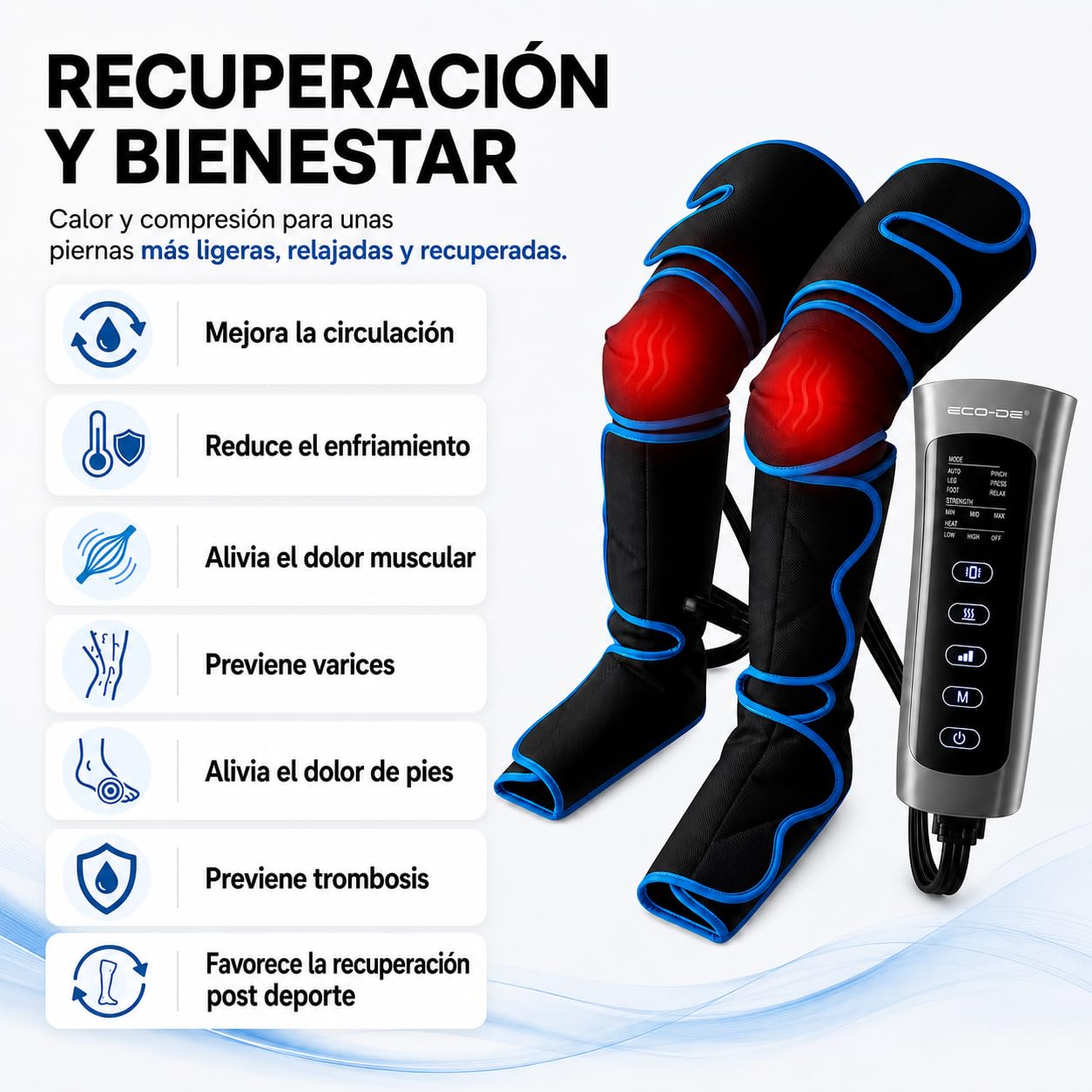 ECODE® Presoterapia para Piernas con 6 Modos, Calor, Vibración y Masaje - Botas Completas de Compresion para Alivio de Cansancio, Drenaje Linfatico, Relajación y Mejora de la Circulación en Casa
