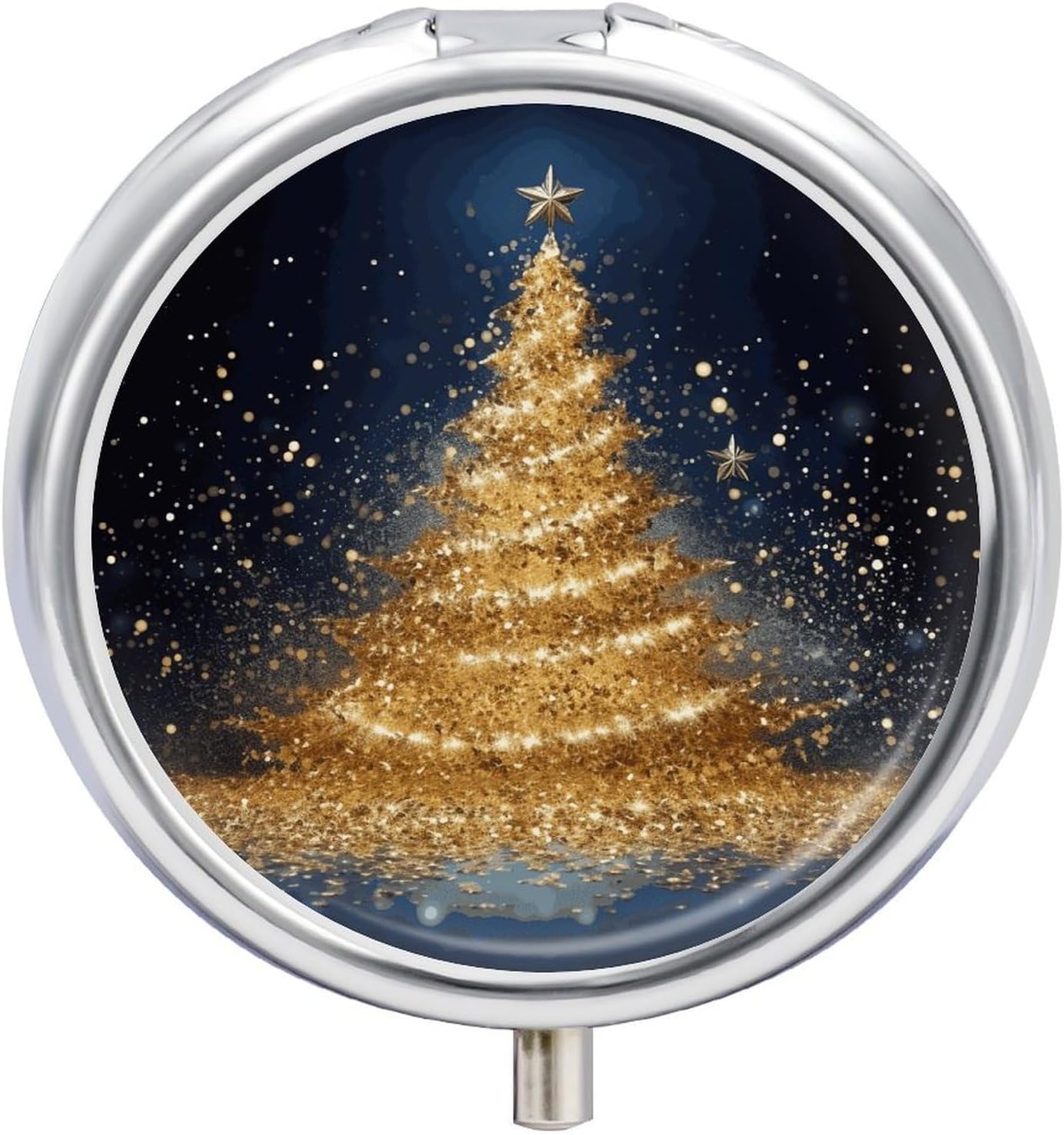 Round Daily Christmas Tree Pill Case with 3 Compartment & Mirror