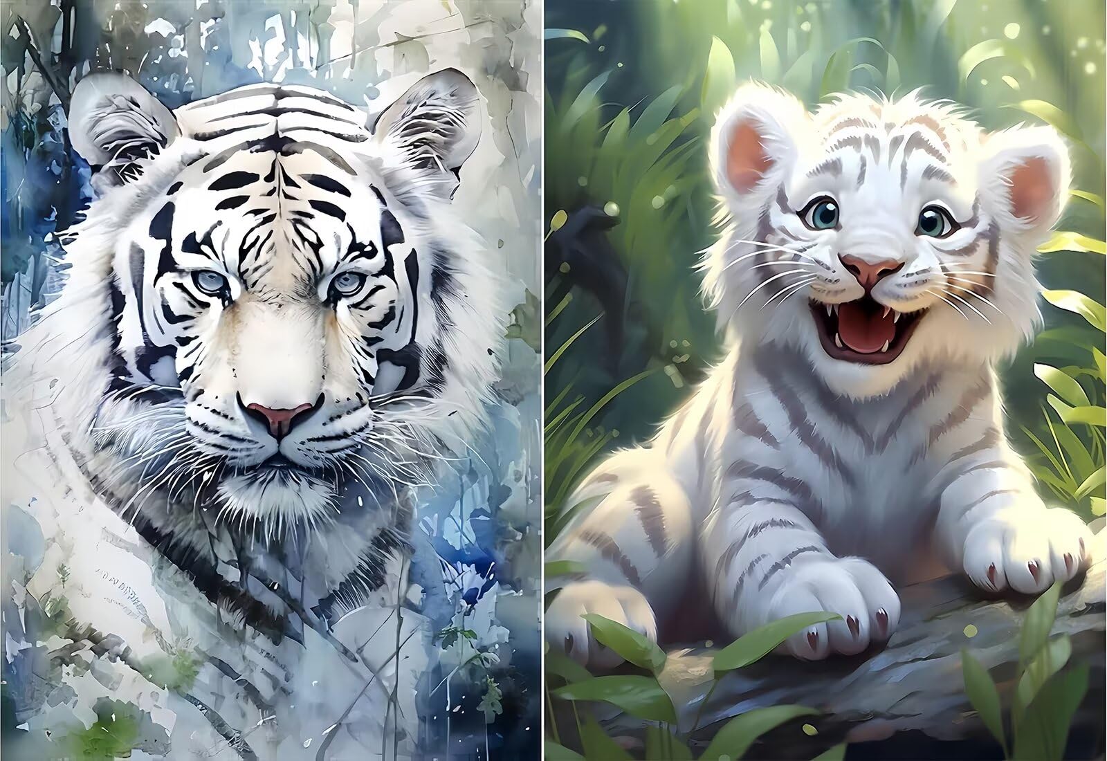 Tabeskly 2 Pack 5d Diamond Painting Kits for Adults UK Cute White Tiger Jewel Bead Gem Crystal Crafts Creations Dimond Picture Art Kit Adults Full Drill Kids Girls Gift