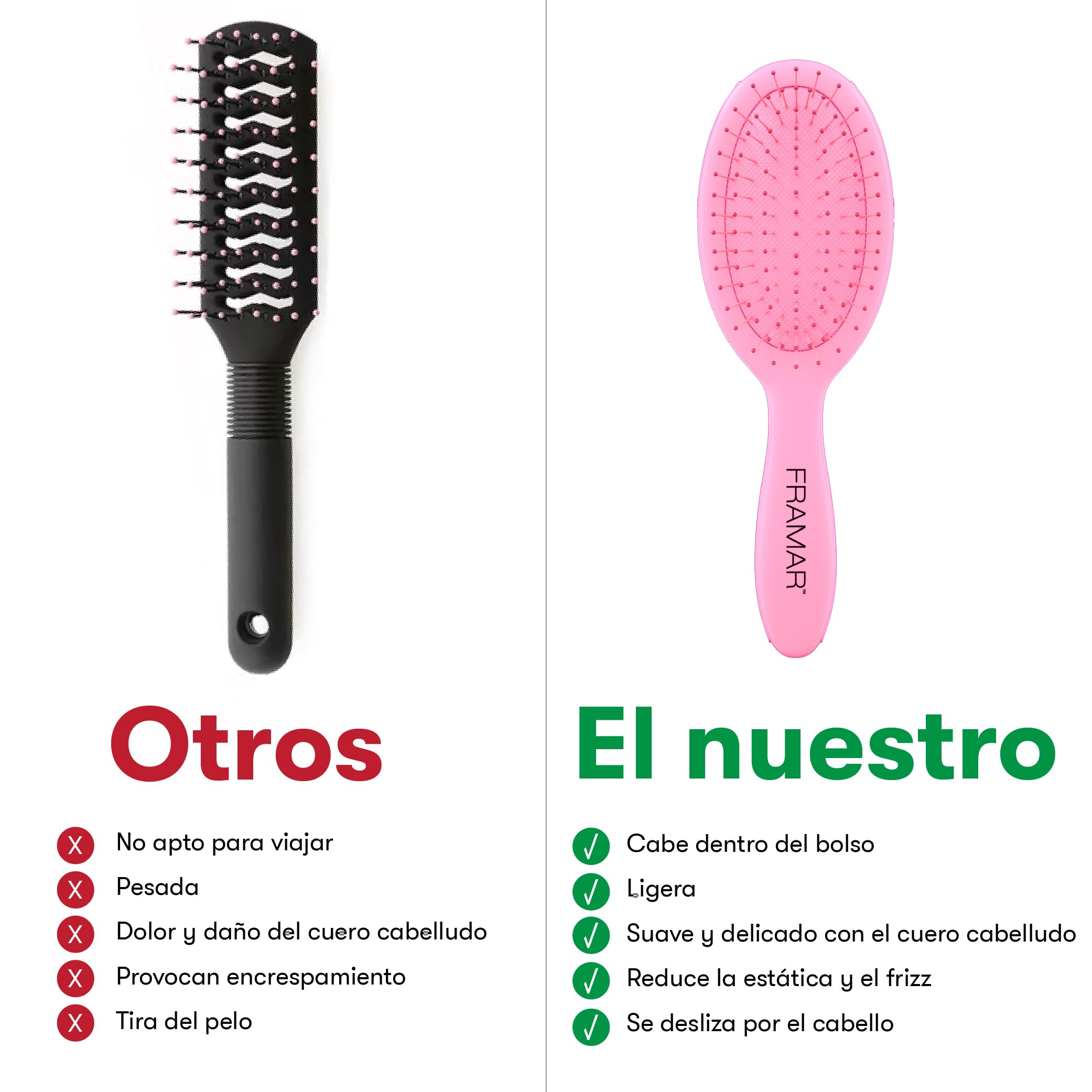 FRAMAR Cepillo Viaje Pelo - Cepillo Pelo Pequeño, Cepillo Pequeño Pelo, Mini Cepillo de Pelo, Escova Cabelo, Compacto Para Viajar, Para Todo Tipo de Cabello - Rosa
