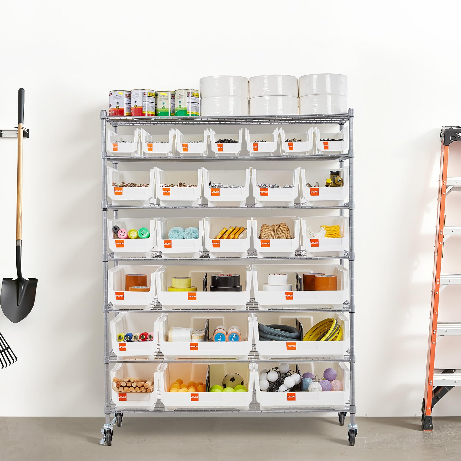 VEVOR Standregal, Lagerregal mit 7 Ebenen & 26 Stapelboxen, Bücherregal, Küchenregal mit Rollen, Fahrregal für Garage, Lager, Büro, Restaurant, Klassenzimmer, Küche, 355x1110x1480 mm