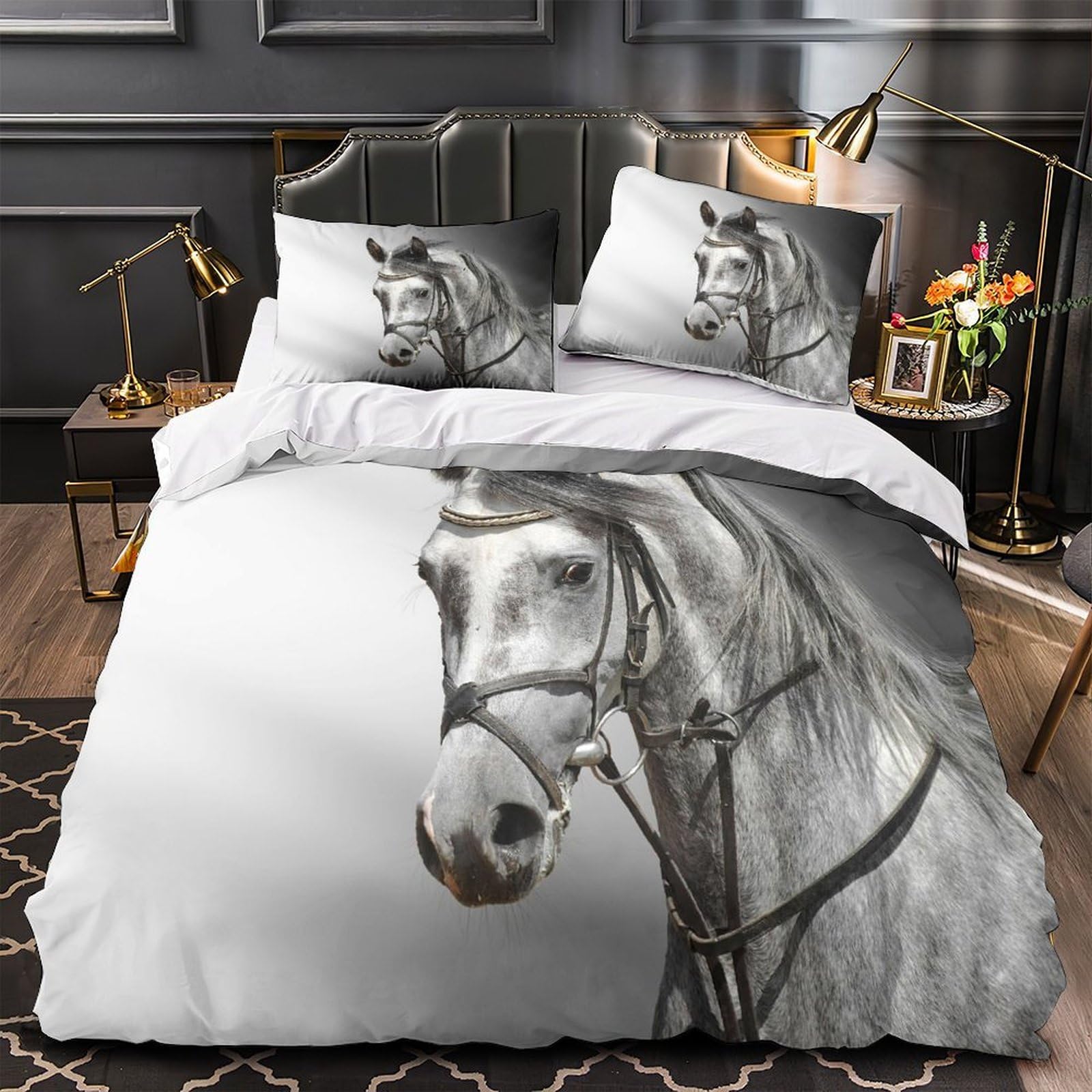 Housse de couette cheval gris 135x200 parure lit microfibre pour enfant