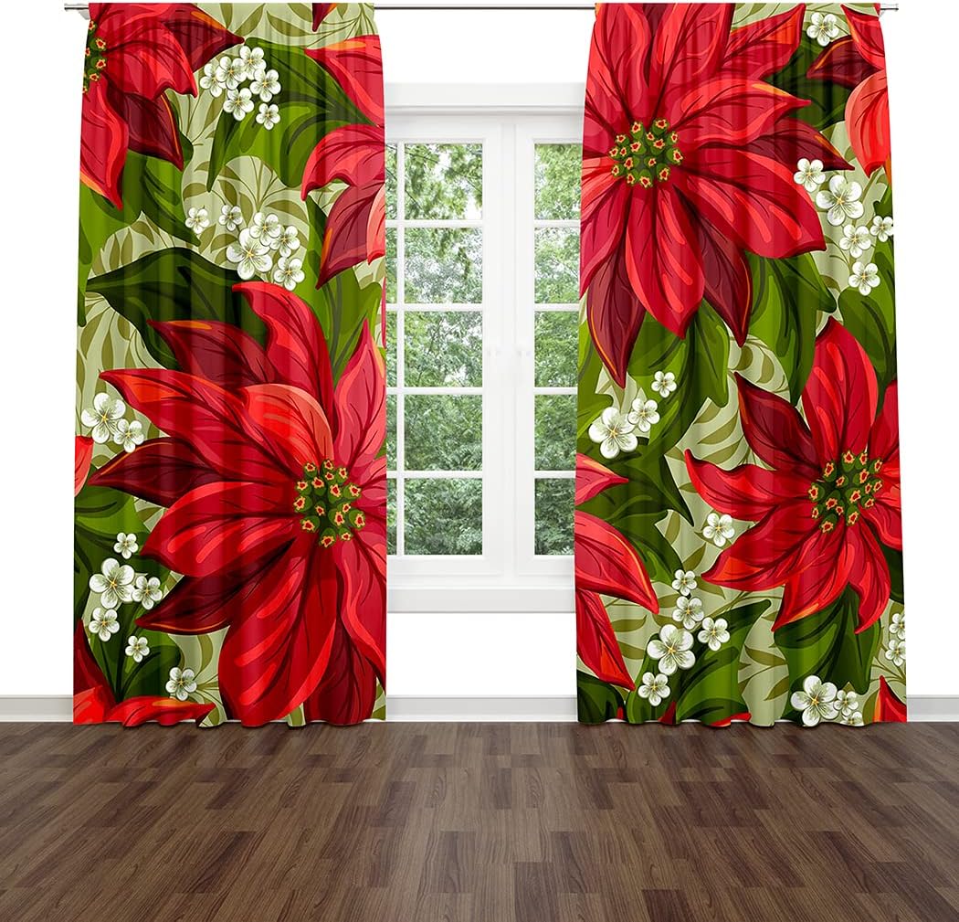 Christmas Poinsettia Flower Window Drapes Curtain Red Christmas Wonderful Victorian Pointsetta Rod Pocket Drapes Curtain for Living Room Home Decor 21x63 Inches 2 Panels