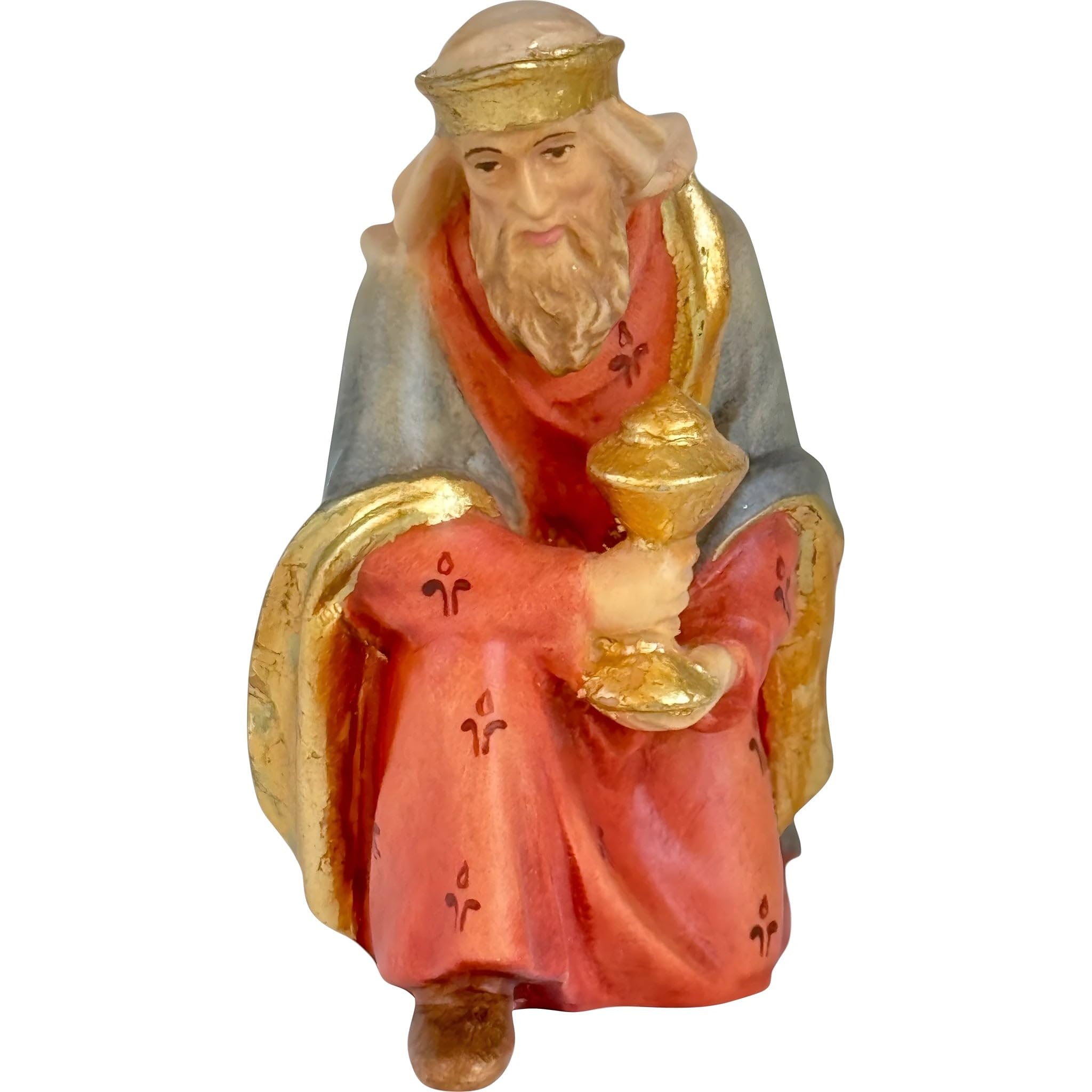 Dolfi | Gaspare re magio in ginocchio con incenso 15 cm | Legno Naturale in Val Gardena | Presepe e Natività