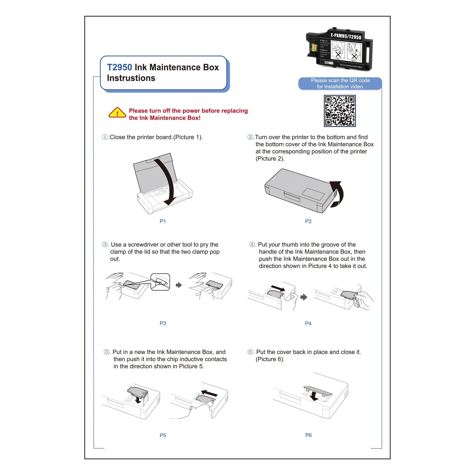 T2950 - Boîte de Maintenance Compatible avec Epson C13T295000 - Noir - pour Workforce WF-110 WF‑110W PX-S05B S05W WF-100