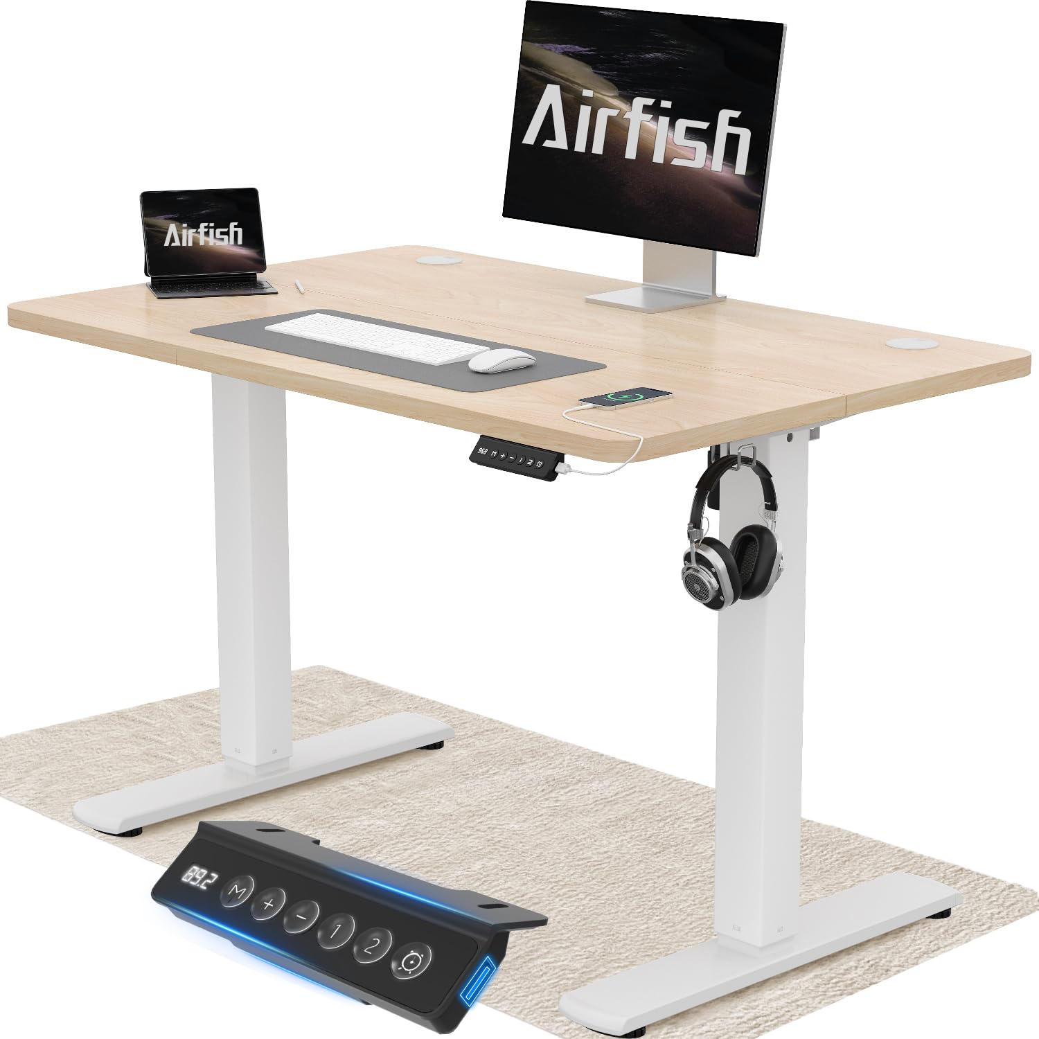 Airfish Escritorio Regulable en Altura con USB, Escritorio eléctrico con función de Memoria, escritorios eléctrico Regulable en Altura 73-118cm,100x60cm,Beige