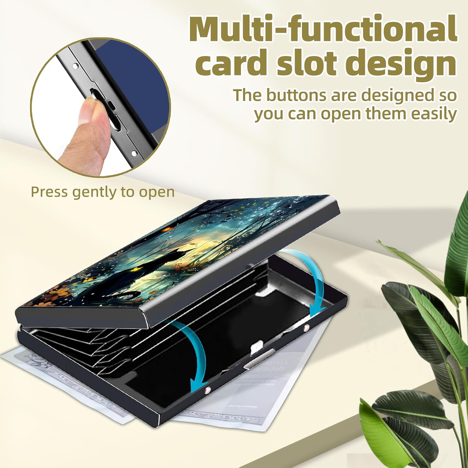 Credit Card Holder Metal Wallet for Women Men, RFID Blocking Slim Metal Credit Card Wallet, Aluminum Hard Business ID Card Case Wallet with 6 Card Slots, Black Cat Forest - Image 4
