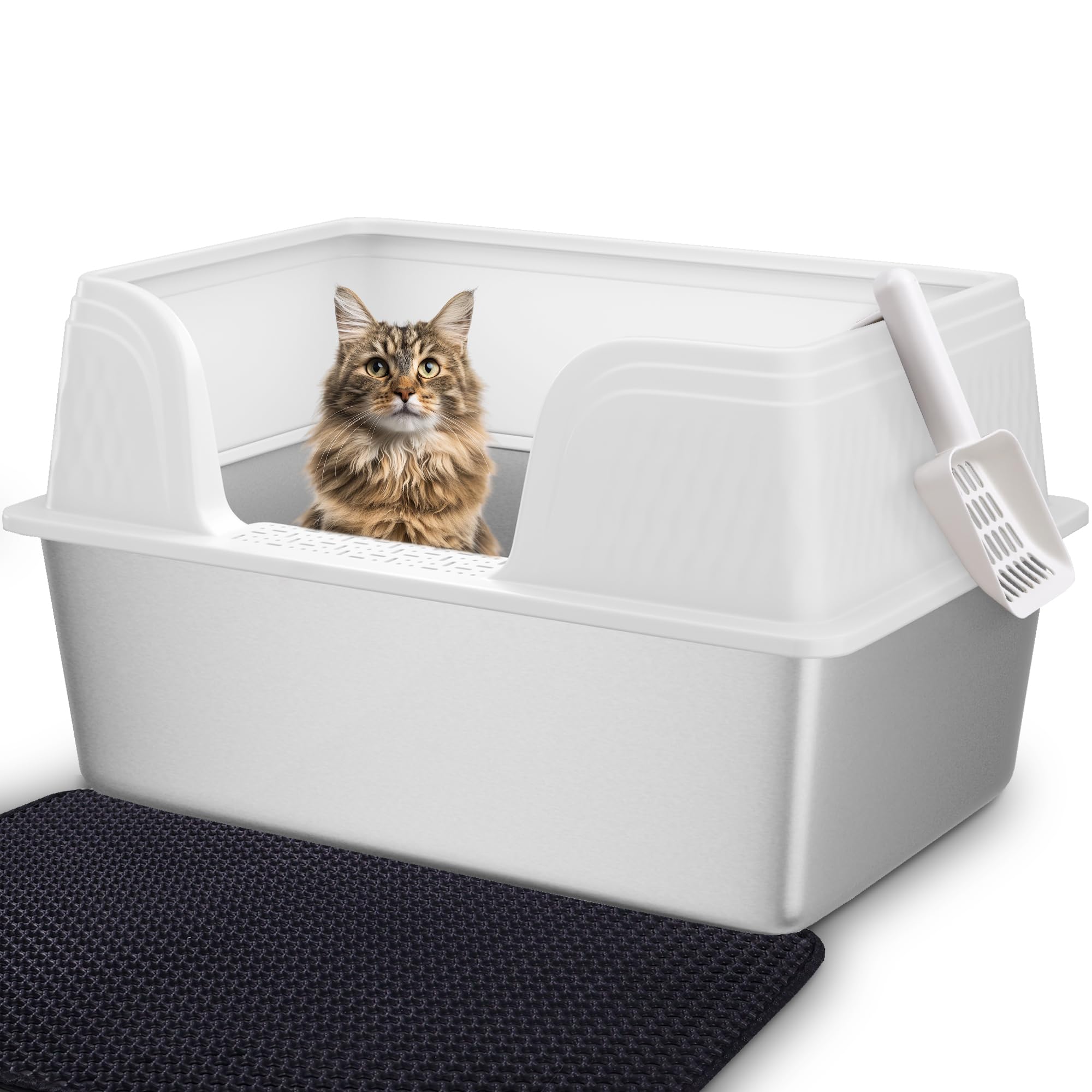 Vealind XXL Stainless Steel Cat Litter Tray High Sided with Low Entrance 23.7"L x 16"W x 12.5"H Anti Leakage Extra Large Metal Cat Litter Box for Big Cats (White) — image 1