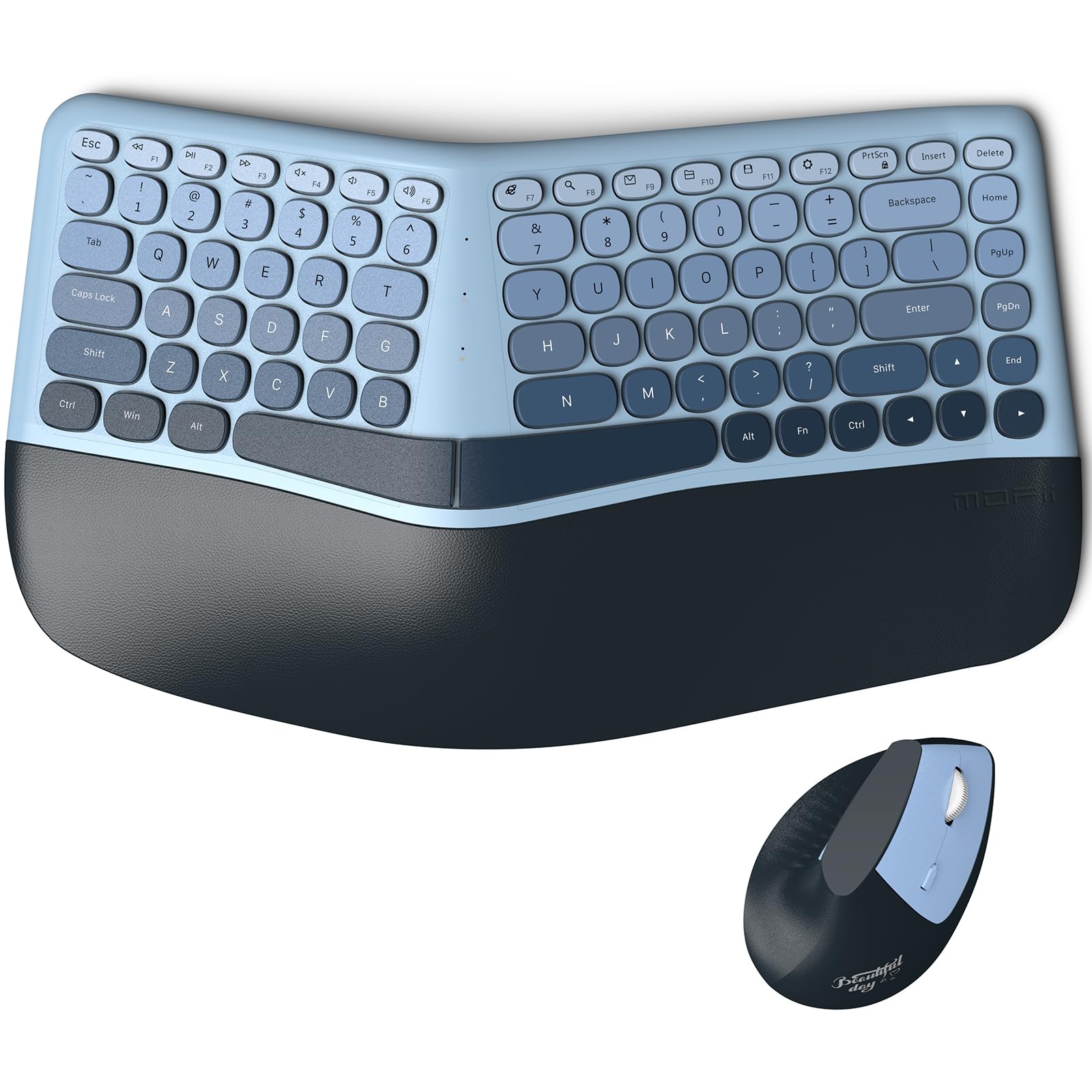 mofii wireless ergonomic keyboard and mouse combo, split curved keyboard with wrist rest, vertical mouse, 2.4g, for pc laptop desktop mac- blue gradient colorful
