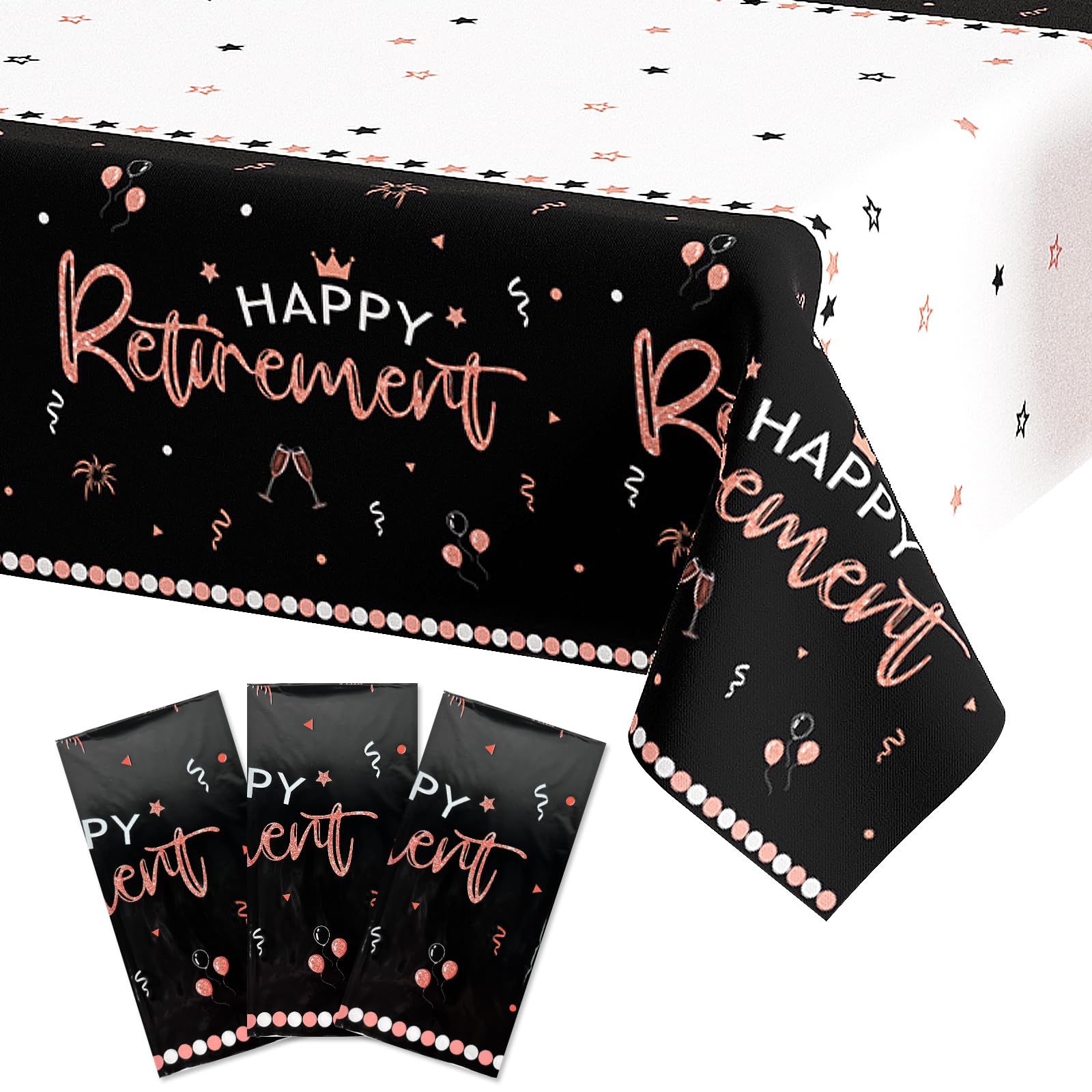 UNIIDECO 3 Pack Happy Retirement Tablecloth Disposable Tablecloth Retirement Party Decorations Plastic Table Cover for Going Away Farewell Goodbye Party 54 x 108 Inch (Rose Gold)