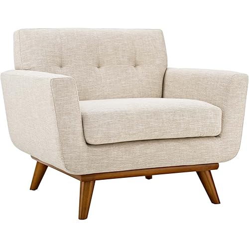 Modway Engage Mid-Century Modern Upholstered Fabric Accent Arm Lounge Chair in Beige, Armchair