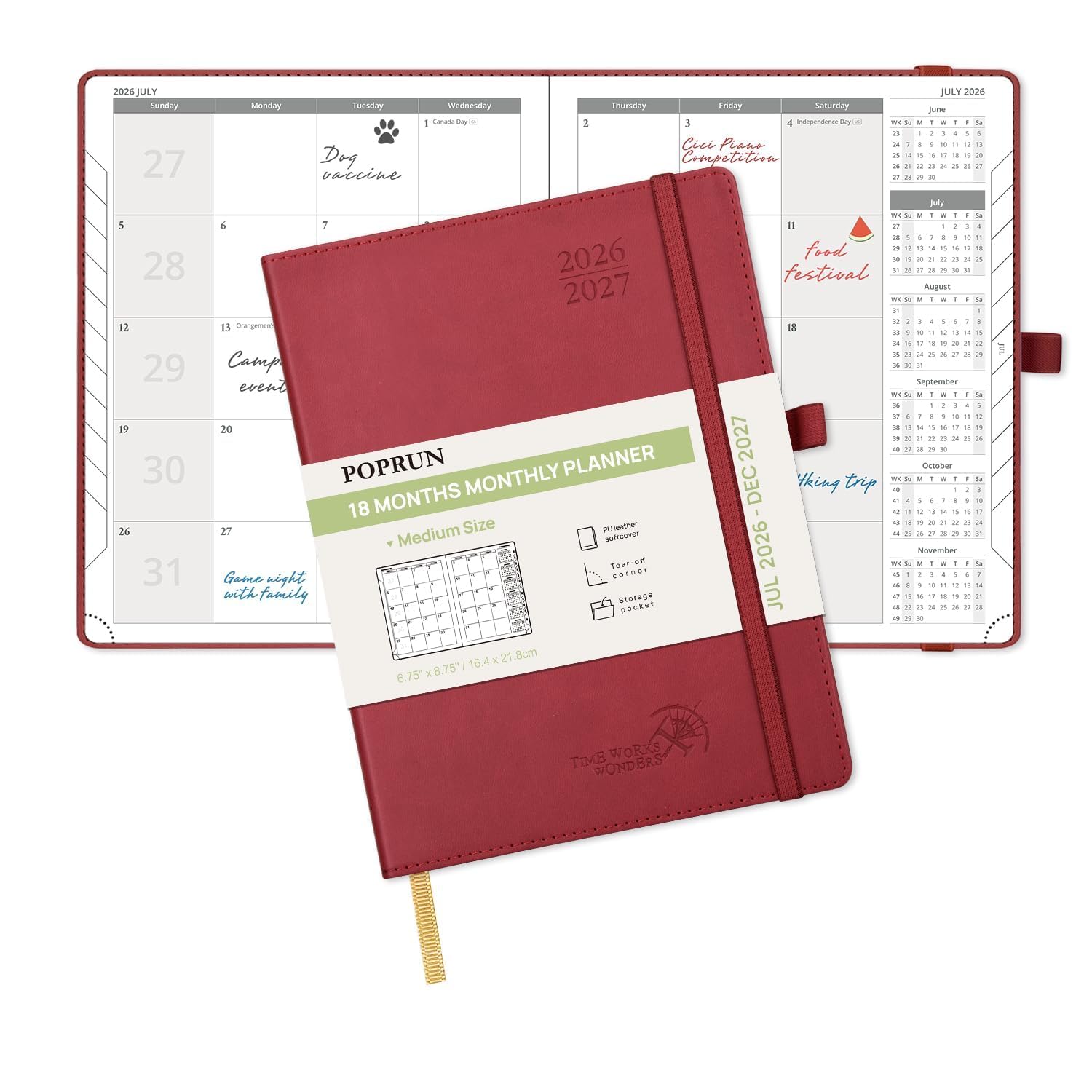 POPRUN A5 Month to View Diary 2026-2027 22x16.5cm (18-Month: Jul'26 - Dec'27) Monthly Planner, Soft Cover, Sunday Start, Monthly Tab(Burgundy)