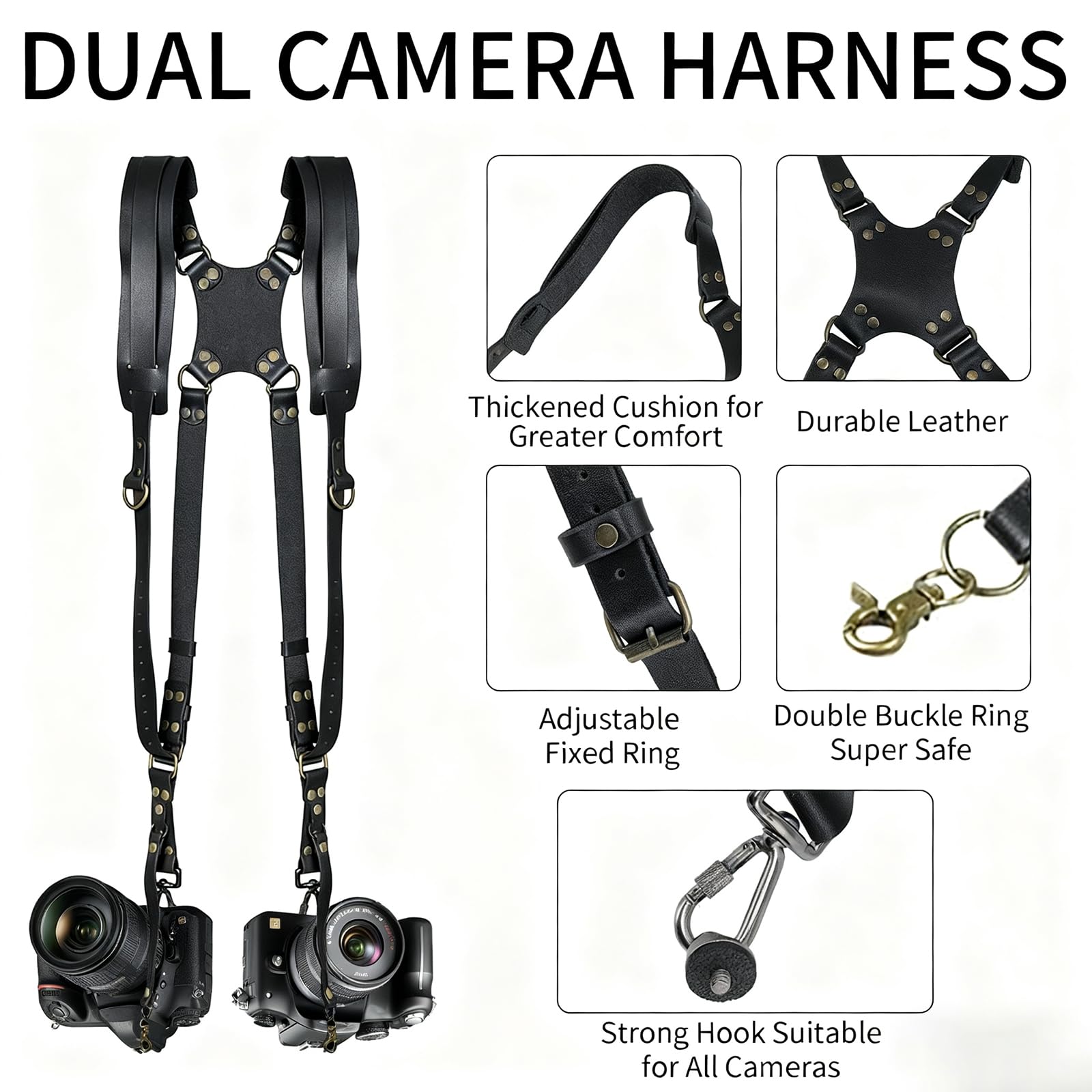 Imbracatura per fotocamera,Cinghie per fotocamera nere per fotografi,Doppia cinghia per fotocamera in pelle per due fotocamere DSLR/SLR