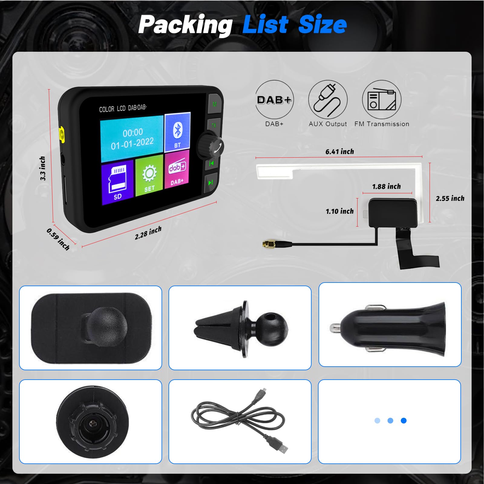 DAB/DAB+ Adapter für Auto - 2,4 Zoll LCD Display mit FM-Sender & Bluetooth für Autoradio - AUX-Eingang & TF-Karten MP3-Player - Autoscan & Service-Following Funktion