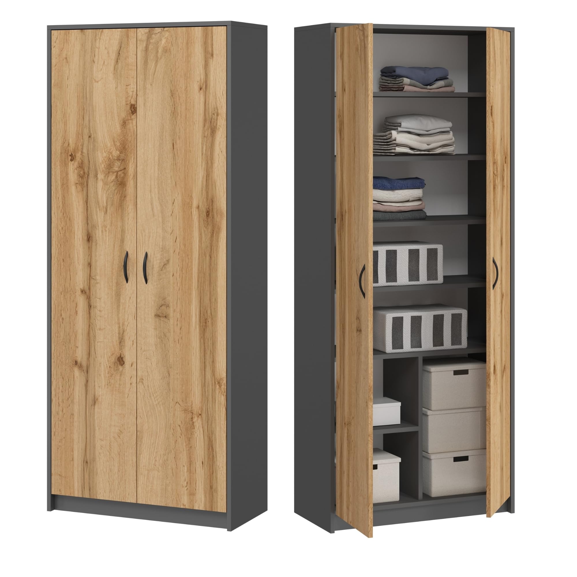 Home Collective Armoire Multi-usages Anthracite-chêne 74 cm L x 180 cm H avec 6 étagères et Compartiment supplémentaire, Rangement en Bois pour Chambre, Bureau ou Couloir