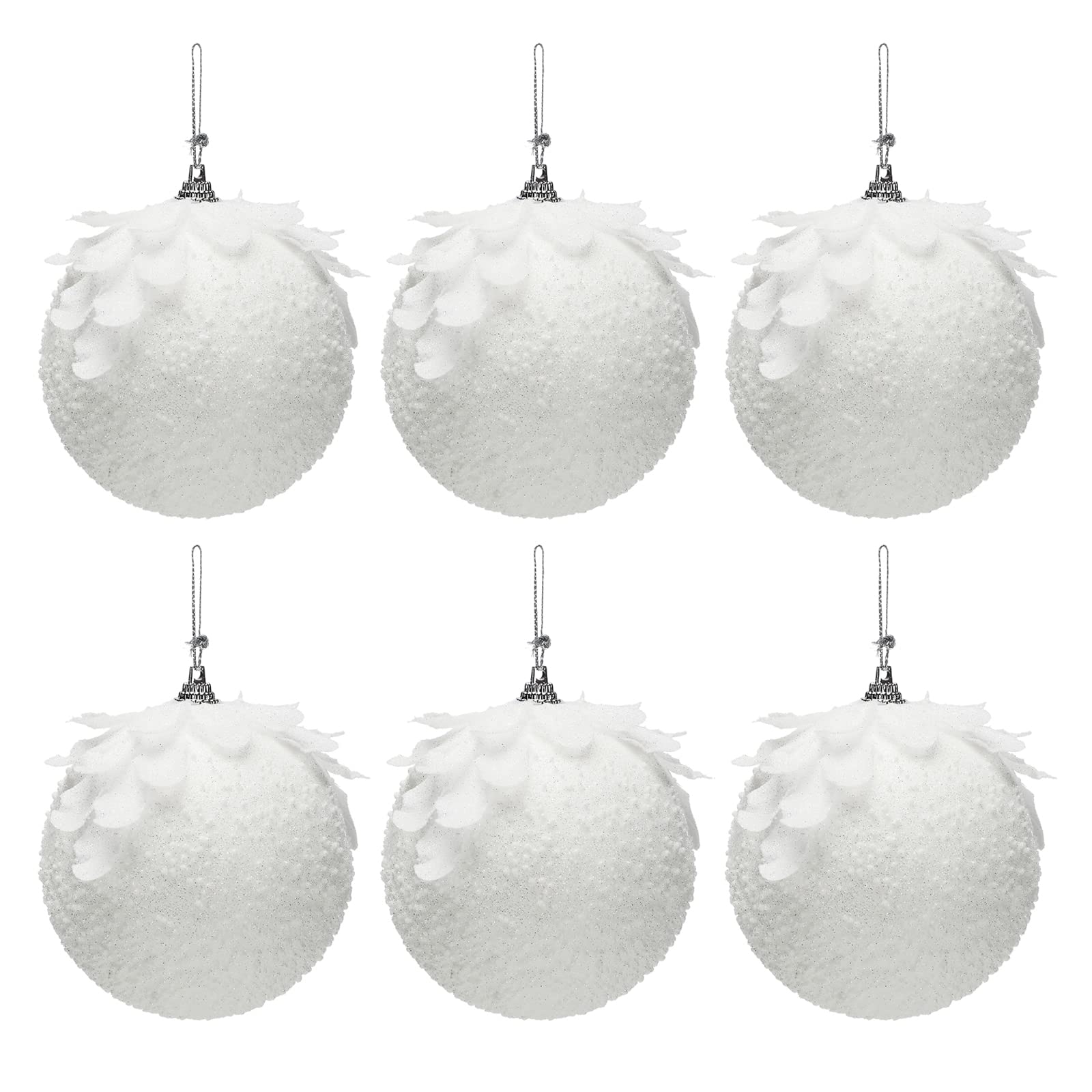 Bolas de Navidad, suministros de decoración, 6 piezas colgantes de bolas de Navidad, bolas colgantes de espuma con purpurina blanca como la nieve de 3,9 pulgadas con pétalo, adornos de bolas de árbol