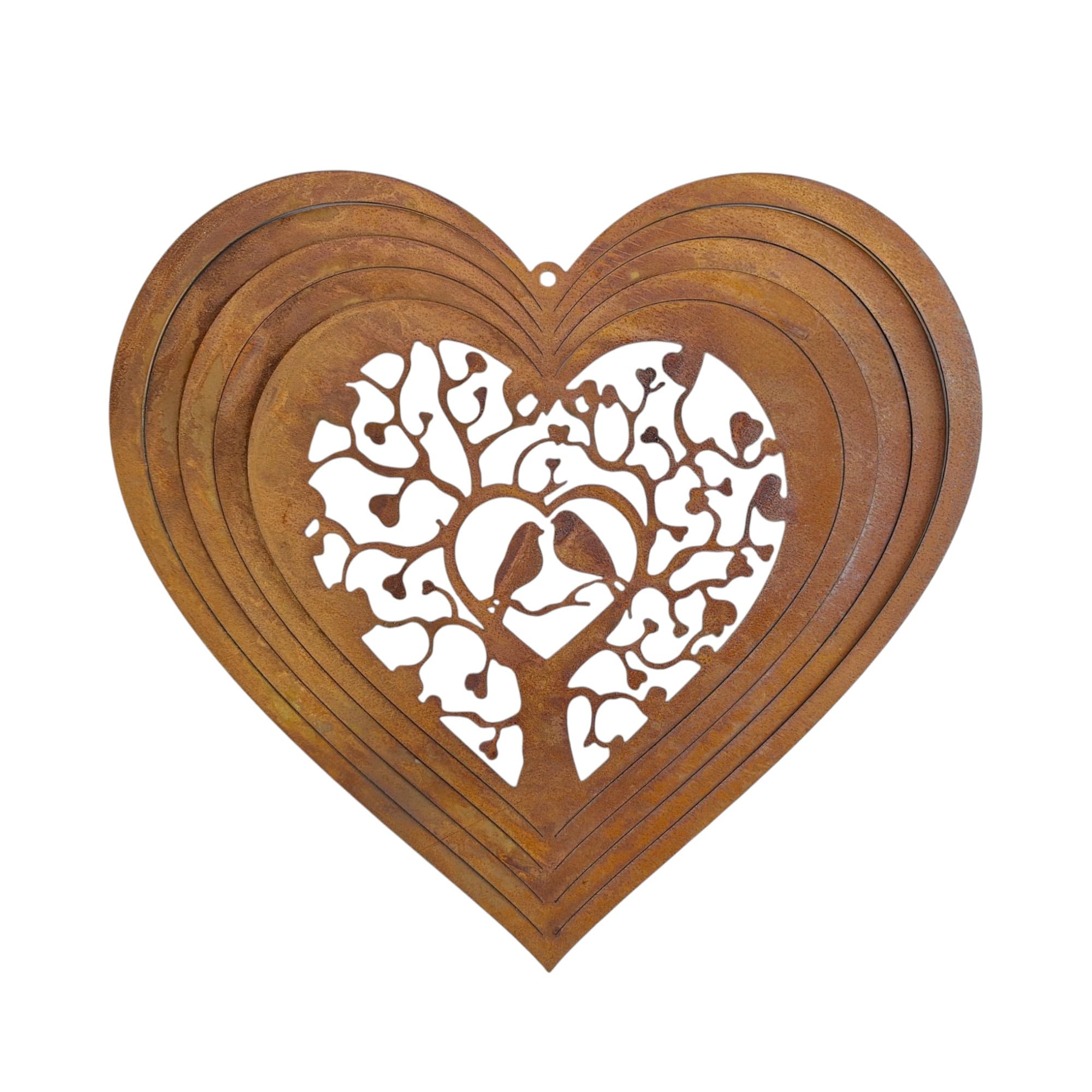 Carillón de viento 3D de corazón, 25 cm, decoración de jardín con diseño de pájaros, aspecto oxidado, decoración colgante de metal para balcón y jardín