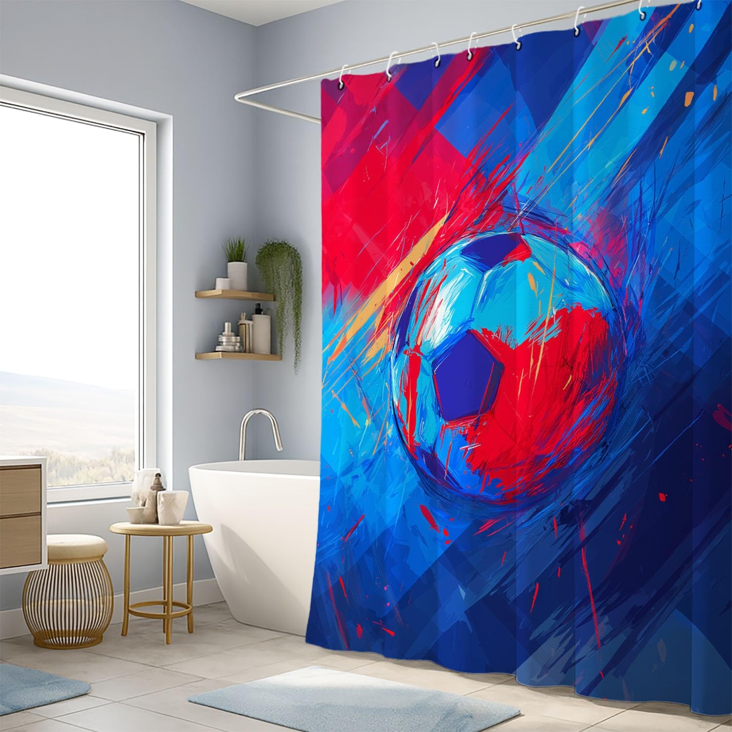 Generico Dynamiczna zasłona prysznicowa piłka nożna szkice atrament dla dzieci, niebieska kreskówka, 240 x 200 cm wodoodporna zasłona łazienkowa z mikrofibry, odporna na pleśń, zmywalna, z oczkami