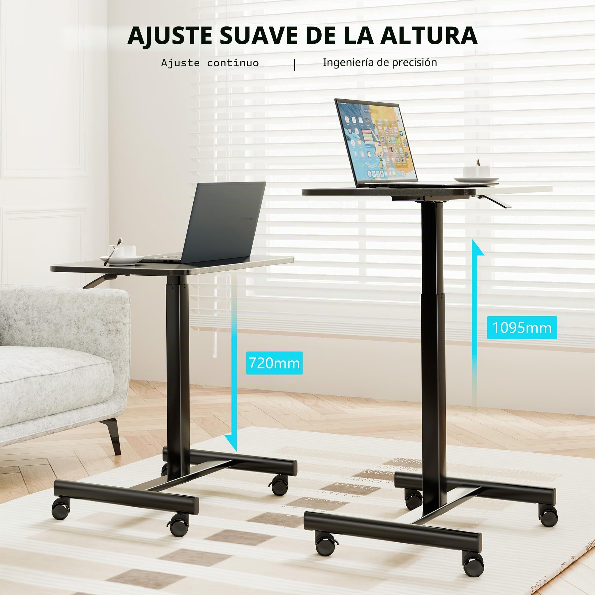 BONTEC Escritorio de pie móvil 65x48 cm con 4 Ruedas Giratorias, Ajustable en Altura, Mesa para Cama, Escritorio Portátil para Oficina y Sala de Estar, Mesa Multifuncional con Ruedas para Dormitorio