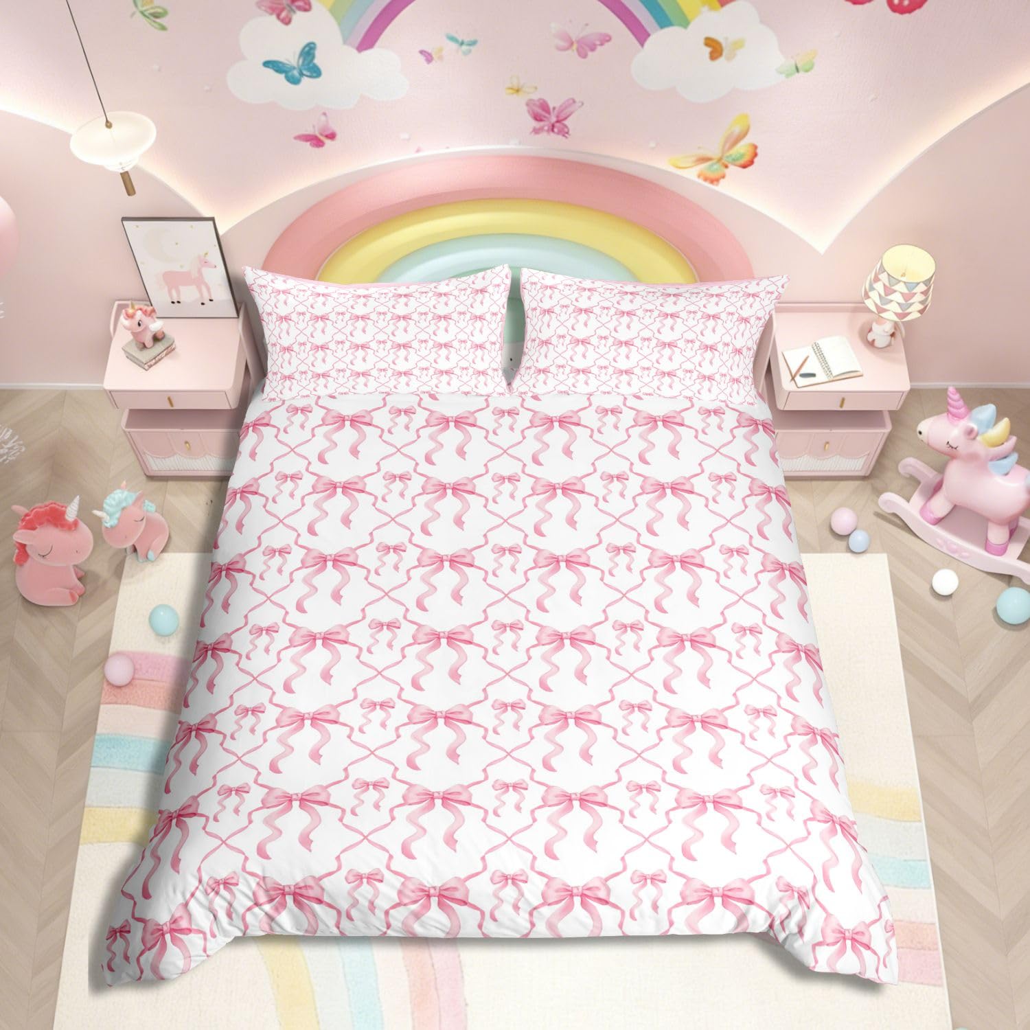 Homewish Pink Bow Bedding King Princess Style for Kids Girls Teens - Cute Watercolor Bowknot King Size Duvet Cover Set - Kawaii Ribbon Bow Quilt Cover Girly Dreamy Bed Sets with 2 Pillowcases