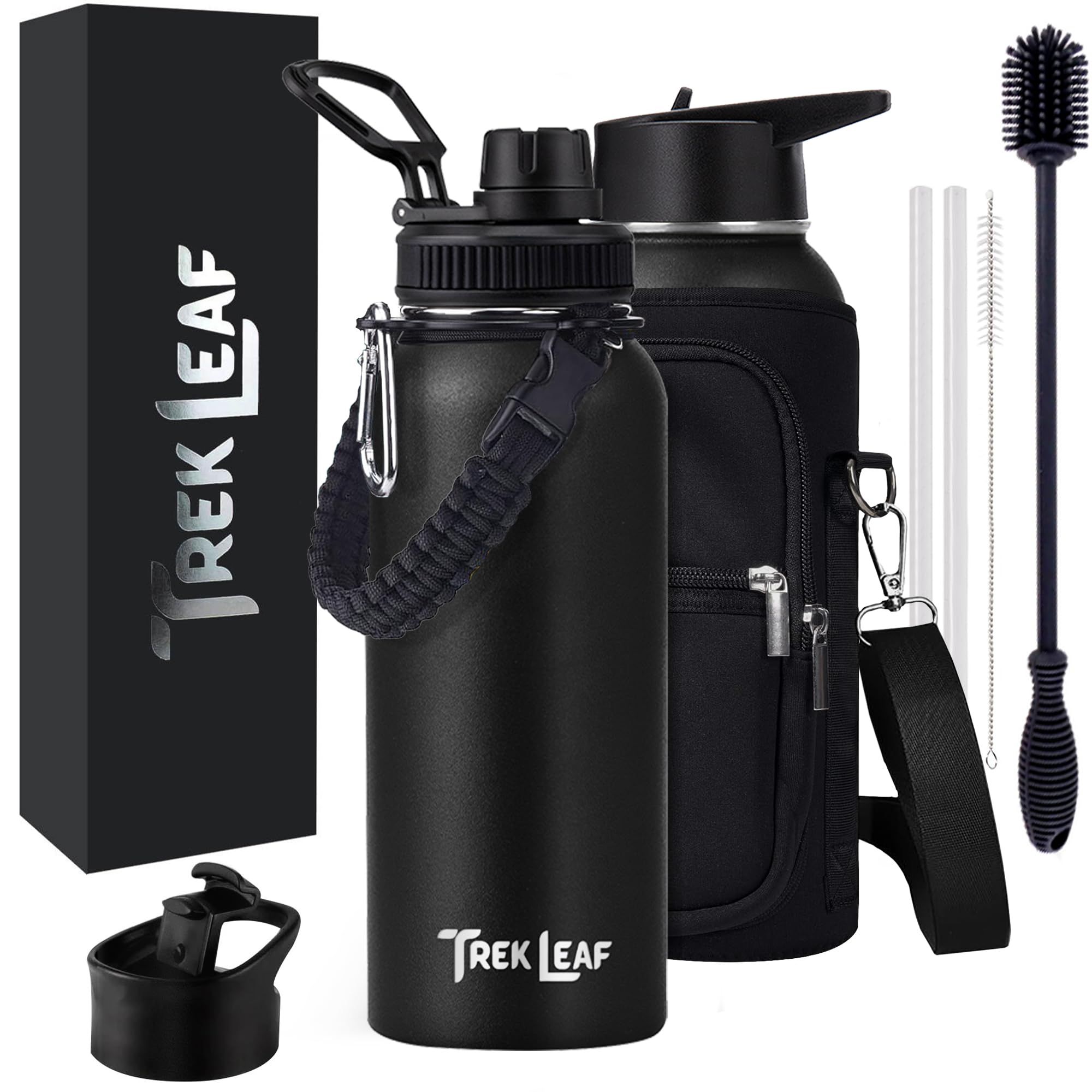 Trek Leaf Travel Water Bottle with Carrying Bag, 3 Lids (Spout, Straw, Flip), and Bottle Brush; Leak Proof, Quality, Vacuum Insulated, Stainless Steel