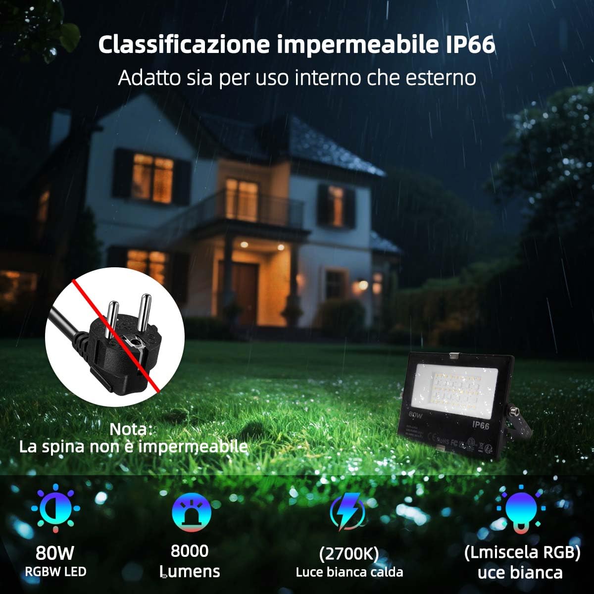 iLC LED Faretto Esterno 80W, equivalente a 800W, Cambio Colore Rgbw, 16 Milioni Colori, Raggruppamento, Timer 8000 lumen, Bianca Calda 2700K, Impermeabile Ip66 (2 pacchi)