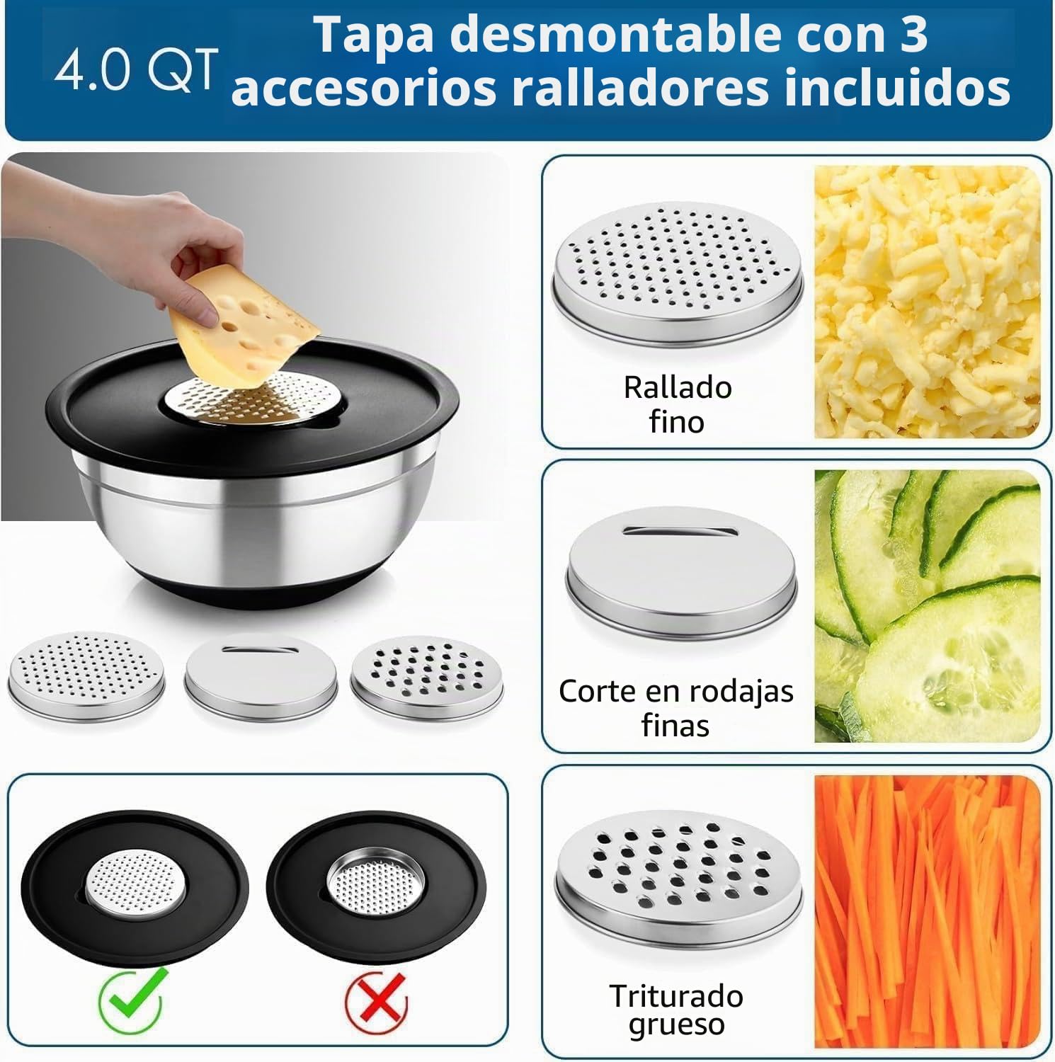 Beler Juego de 6 cuencos para mezclar de acero inoxidable con tapa y rallador, juego de ensaladera para cocina con base de silicona, 3 cabezales de trituración, 4,7 l, 3,8 l, 2,8 l, 1,9 l, 1,4 l, 0,6