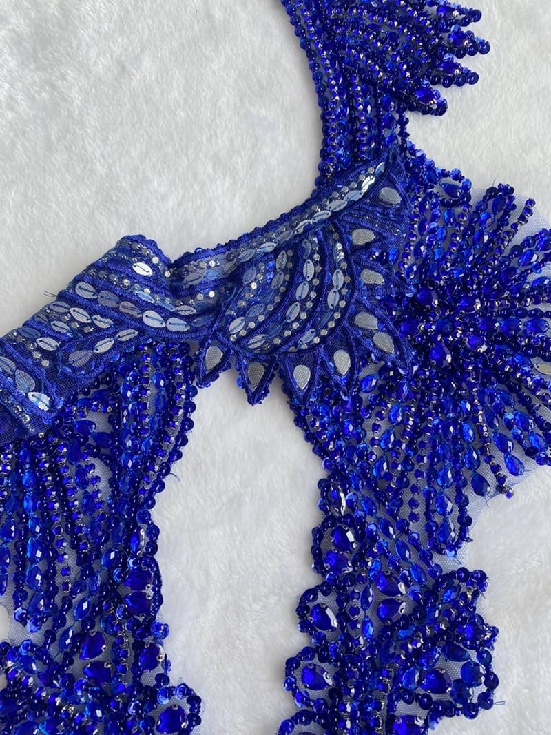 Handmade Crystal on lace Applique Sewing Rhinestones Beads Sequins Patches Trim Luxury Decoration Accessories for Wedding Dress (Blue)