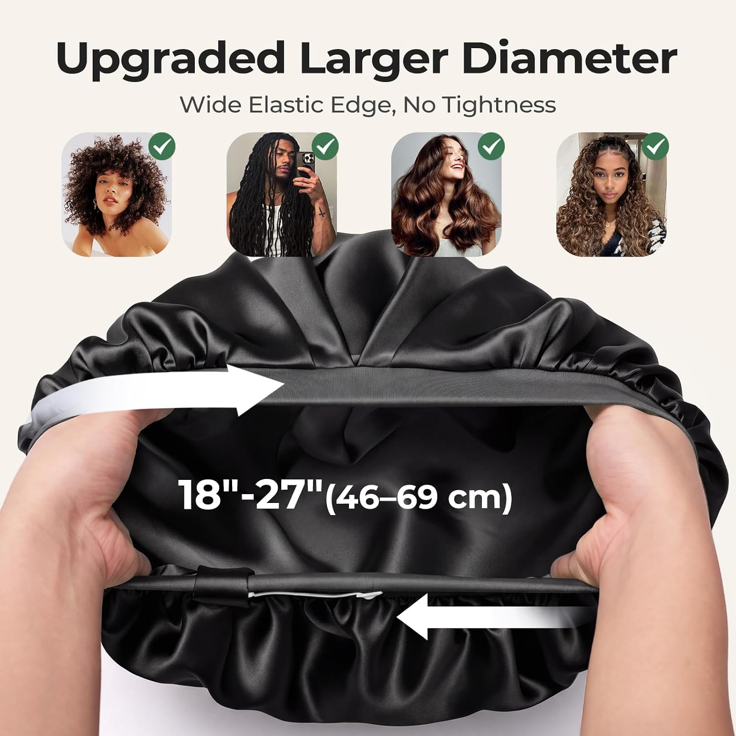 Umisleep Silk Lined Bonnet for Sleeping Women Men Thick Hair, Large, Black