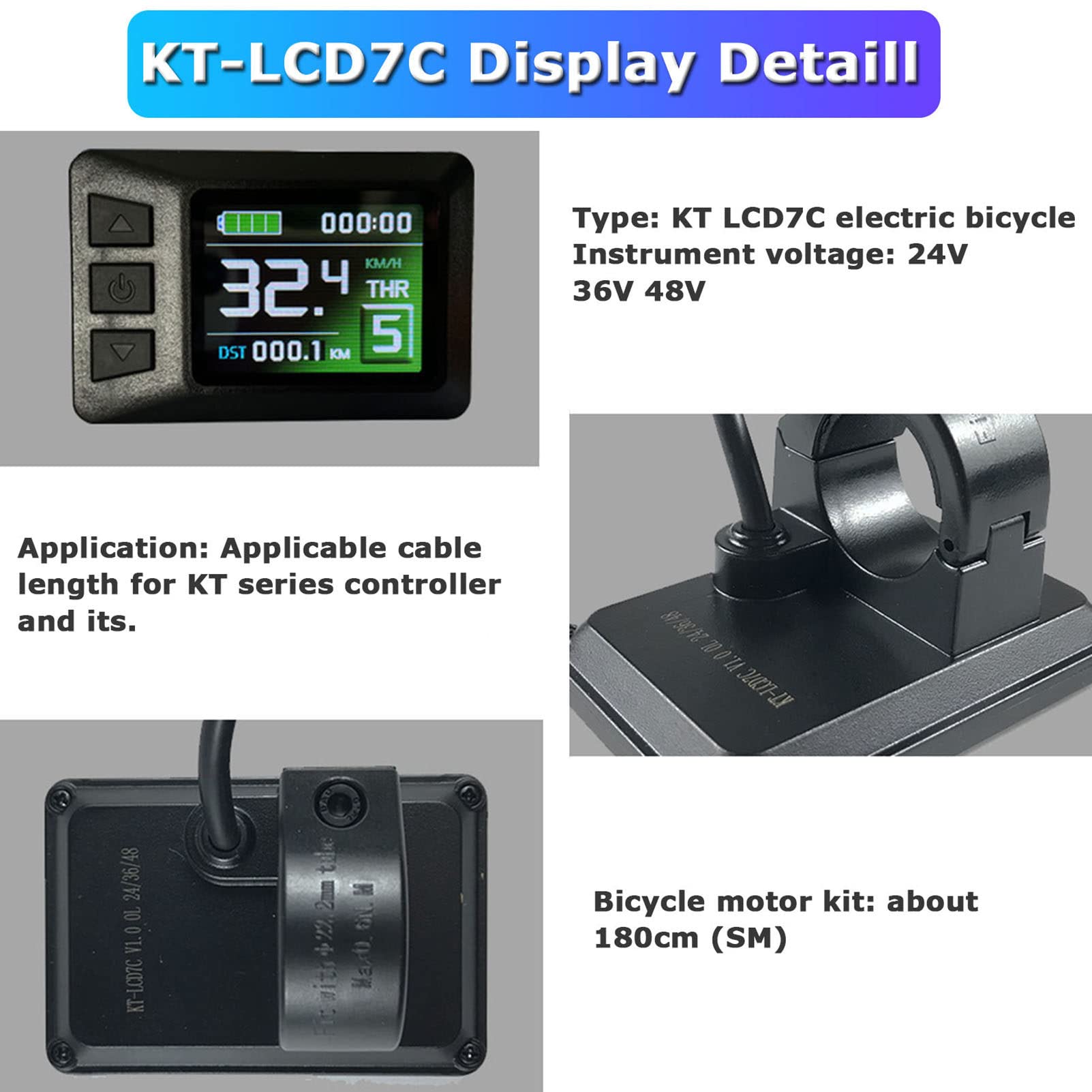 Pantalla para Bicicleta eléctrica, Panel Controlador de Pantalla LCD7C Resistente al Agua de 24V/36V/48V, Tablero para Bicicleta eléctrica