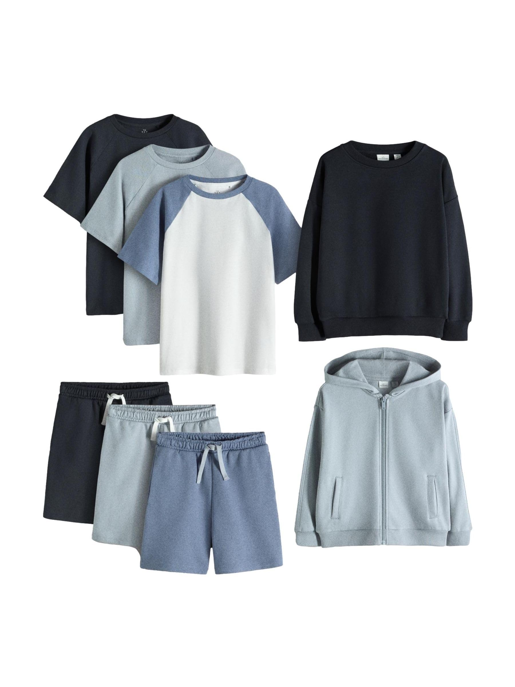 THE SET Niños Conjunto de 8 piezas formado por sudadera, sudadera con capucha, pantalones de chándal, pantalones cortos y camisetas extragrandes de manga corta y cuello redondo