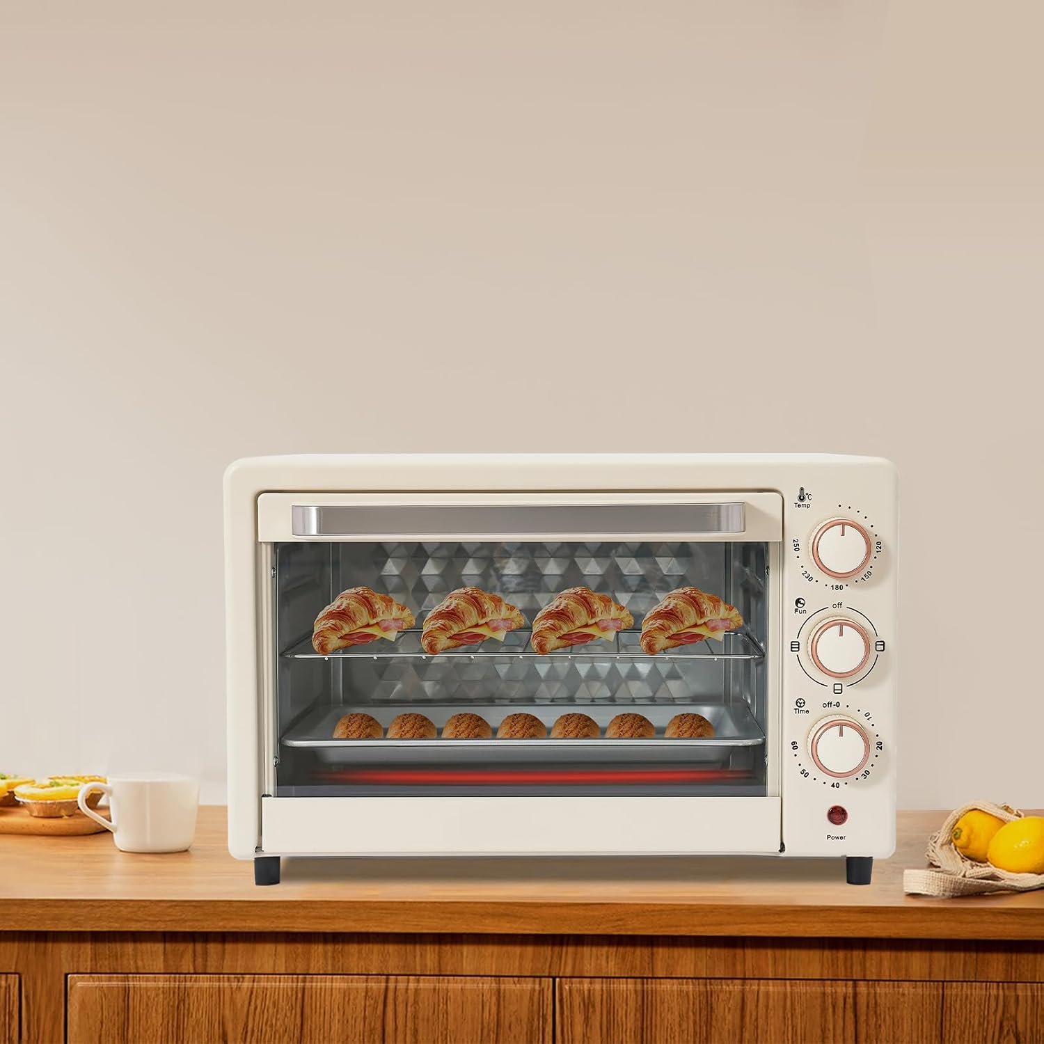 22L Electric Oven Mini Oven with Adjustable Temperature and 60 Minute Timer Versatile Convection Oven 2 Insertion Levels for Making Bread Grilled Fish Roasted Chicken Pizza etc.