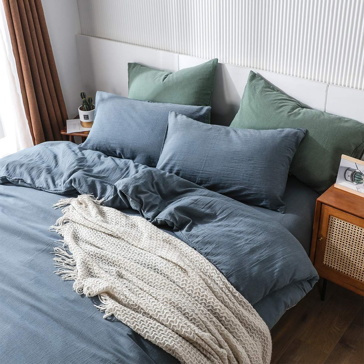 MooMee Pre-Washed Cotton Duvet Cover Set Super Soft Breathable Durable - Perfectly Casual Linen Look but Luxurious Feel (Heathered Blue, King)