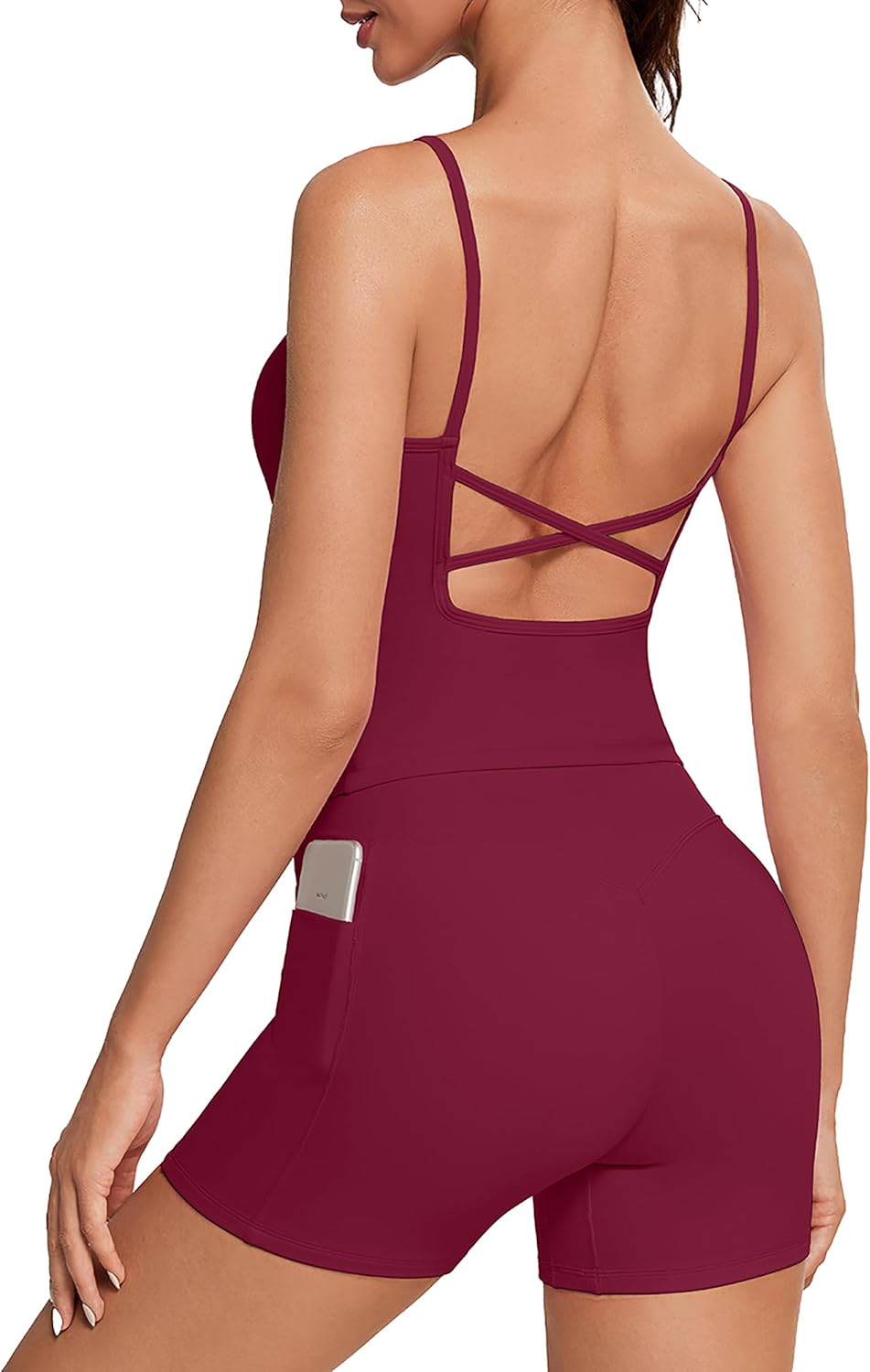 OMKAGI Workout Sets for Women Open Back Strappy Workout Tank Gym Shorts Outfits with Pockets