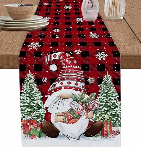 Miniatura 1 de Camino de mesa de gnomo de Navidad a cuadros, copos de nieve de invierno y árbol de Navidad, bufandas de cocina, comedor, caminos de mesa para