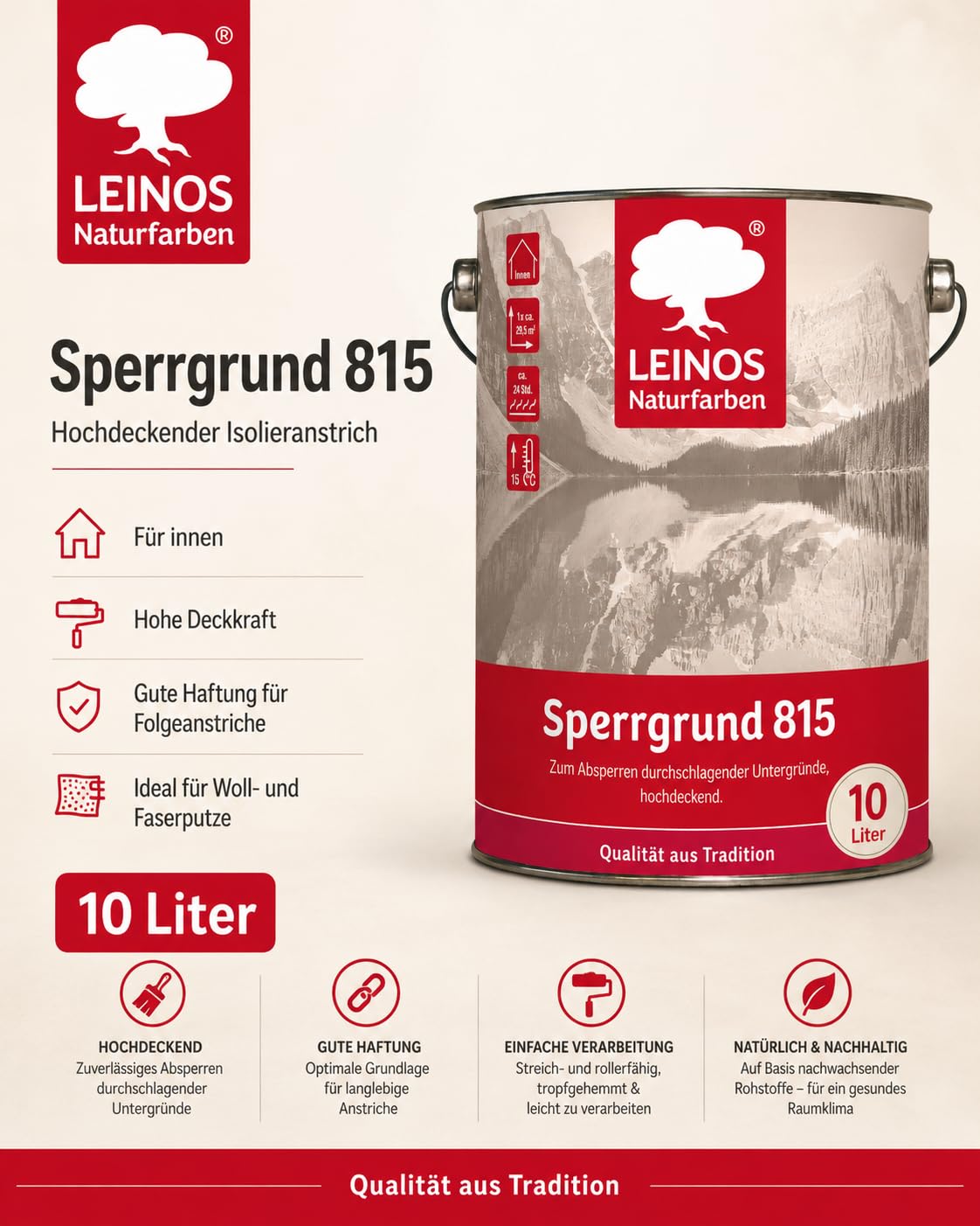 LEINOS 815 Sperrgrund 10 Liter | Hochdeckend: Erzeugt einen weißen, leicht rauen Untergrund, der für nachfolgende Anstriche gute Haftung bietet