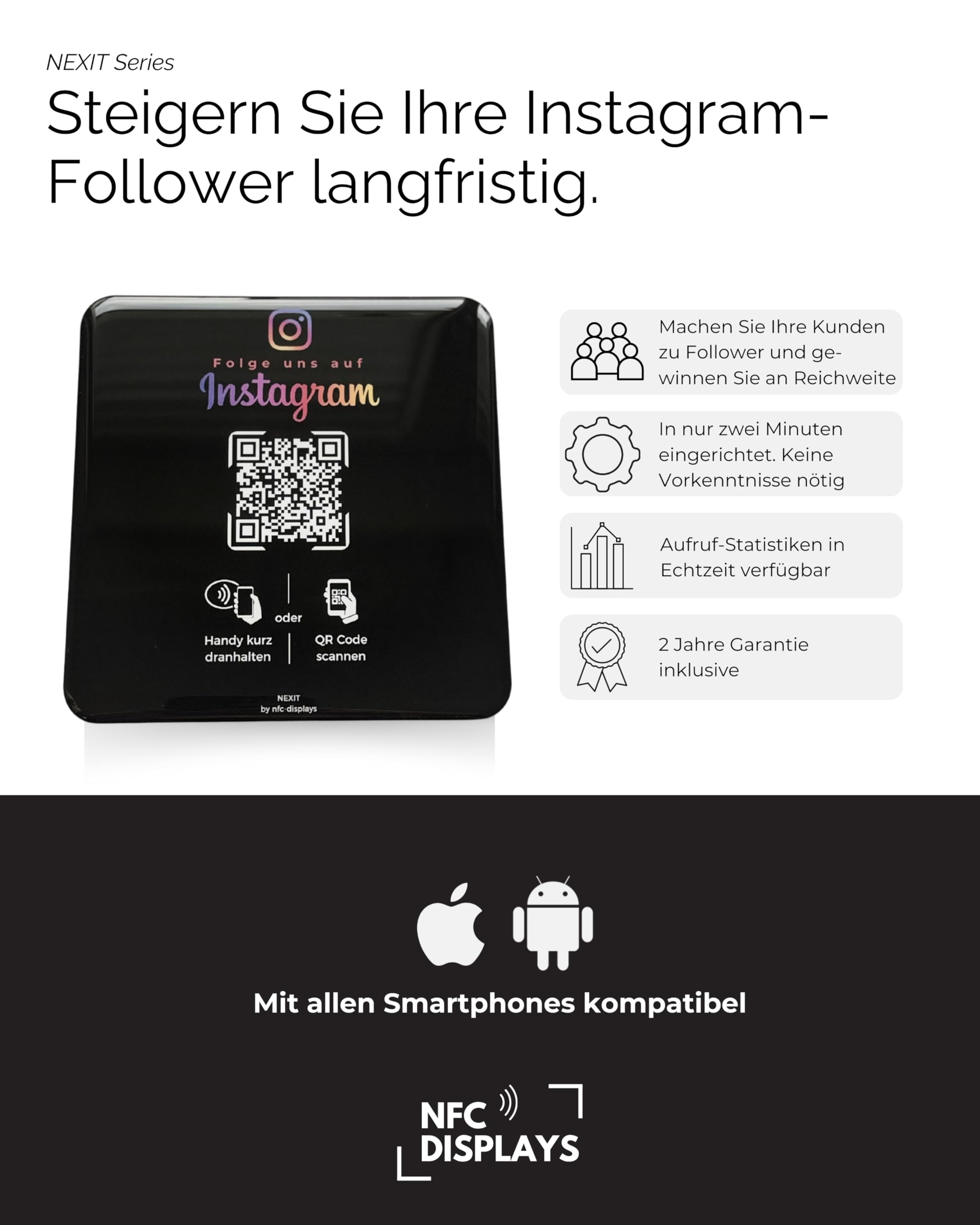 Karte/Schild für Instagram mit QR-Code und NFC (12x12cm selbstklebend) - schwarz