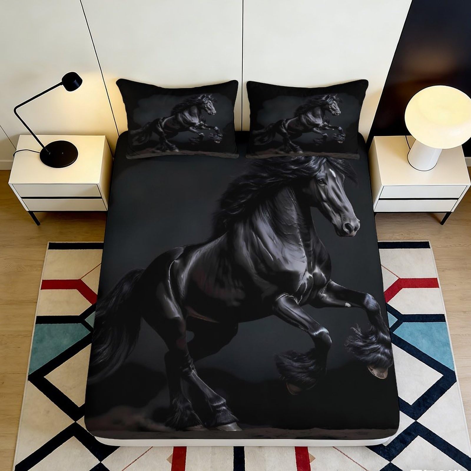 3D Printed Black Stallion Fitted Sheet Microfiber Soft Horse Bed Cover for Bedroom Guest Mattress Decor Protection 90x200x25cm
