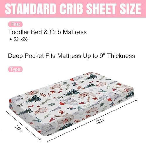 Miniatura 4 de Sábana bajera ajustable para cuna de bebé de animales del bosque, 52 x 28 pulgadas, diseño de animales de Navidad, oso, zorro, búho, abeto, hojas de