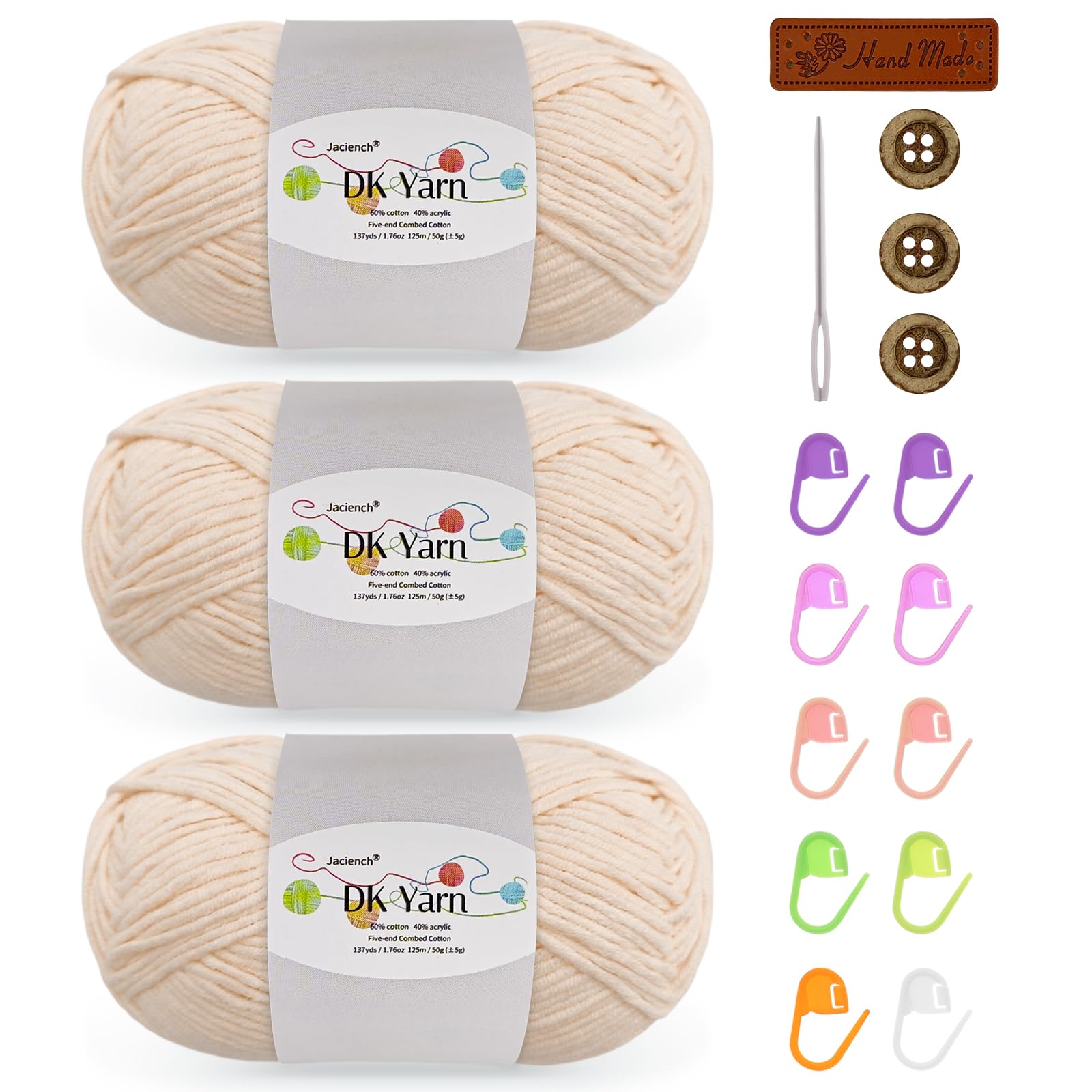 Crochet Yarn Kit, 3×50g 60% Cotton 40% Acrylic Combed Cotton Yarn with Accessories, DK Wool for Beginners Amigurumi Socks Blankets（Skin Tone-3） — image 1