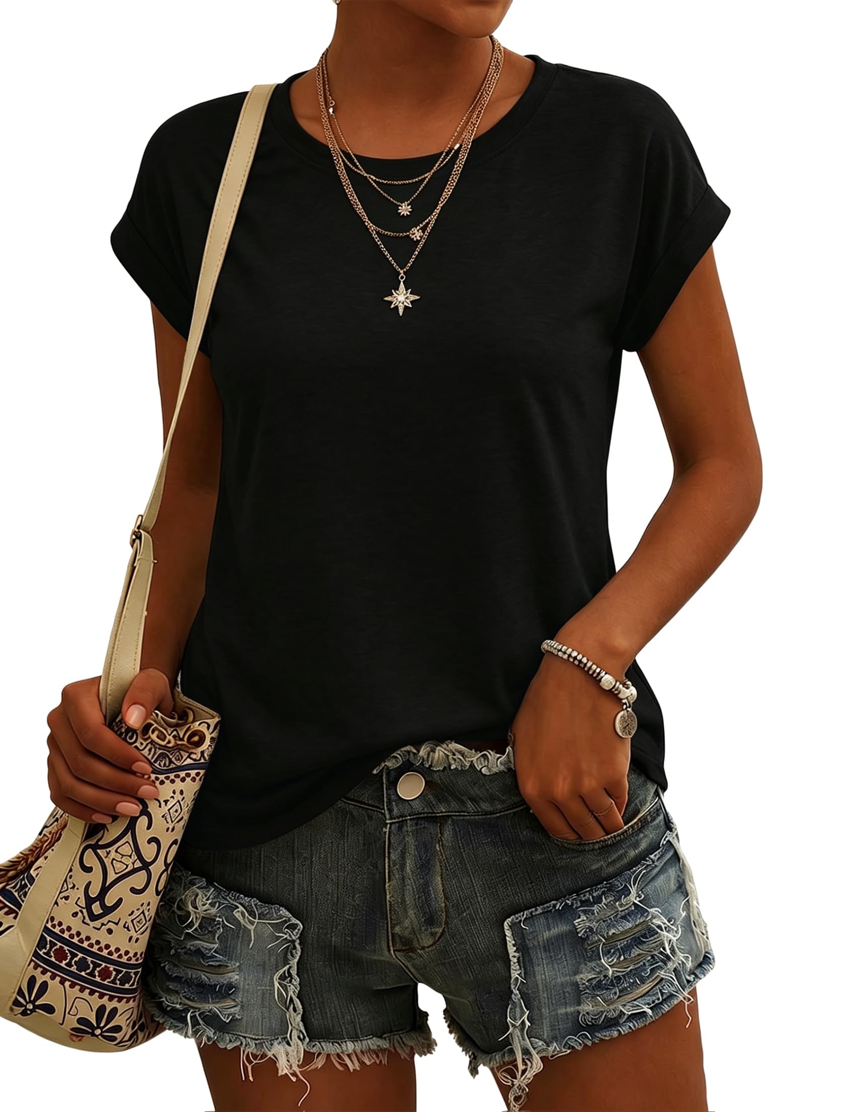 Crewhpo T Shirt Damen Kurzarm Shirts Sommer mit Herzen Basic Shirt Einfarbige Casual Top Stretch Baumwolle Oberteile Lockeres mit Rundhalsausschnitt