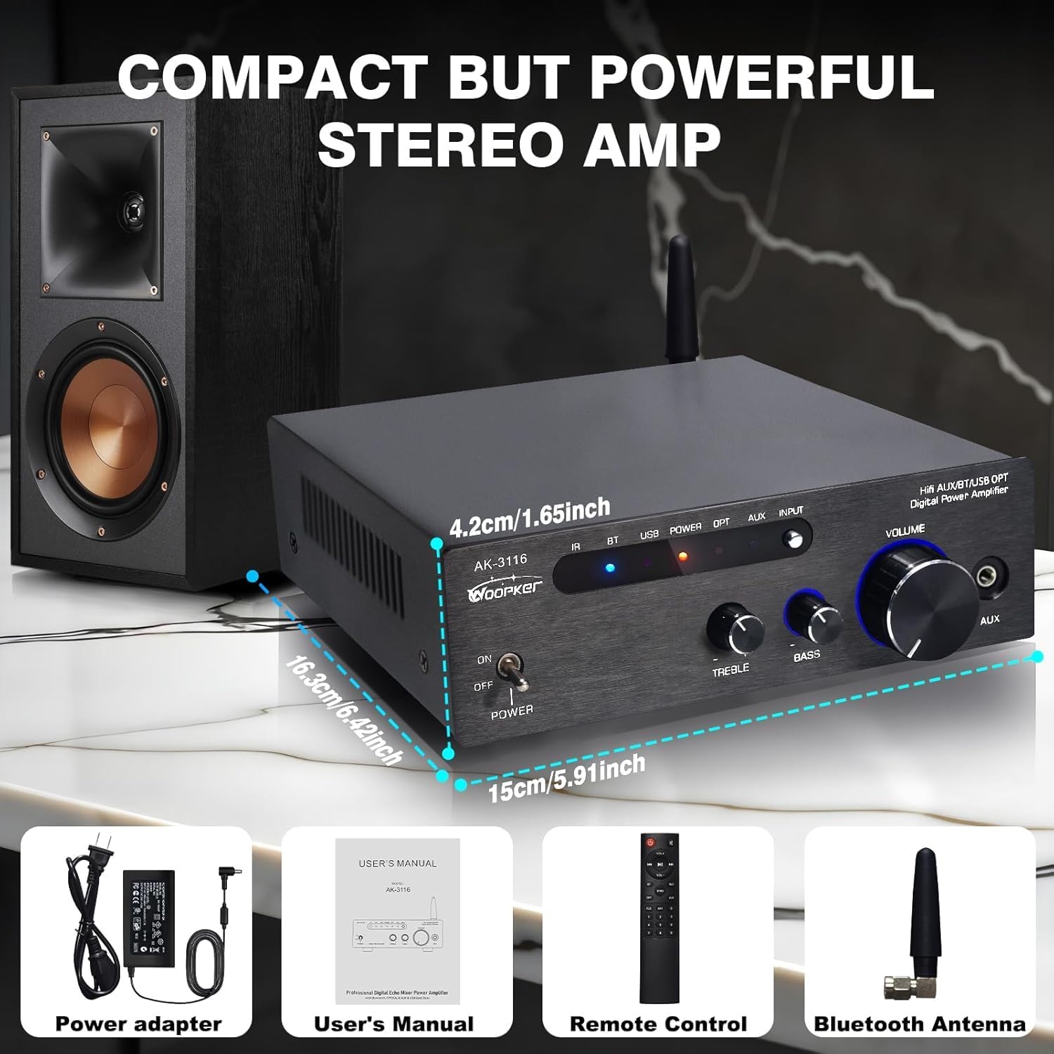 AK3116 Stereo Receivers Amplifier Home Audio, Bluetooth 5.3 Dual TPA3116 Chips Stereo Amplifier 2 Channel 100W x2 Mini Class D Integrated Bluetooth Audio Receiver w/USB AUX Opt Input - Image 7