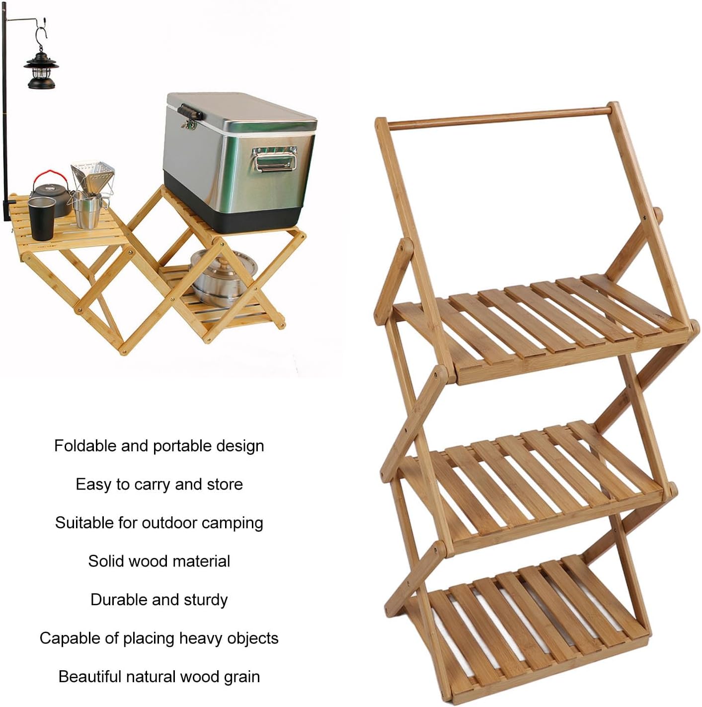 3 Tier Camping Folding Storage Rack, Wooden Foldable Outdoor Shelf, 49x31x102cm - Portable Lightweight Design, Multi Functional Hanging Rack for Picnic and BBQ