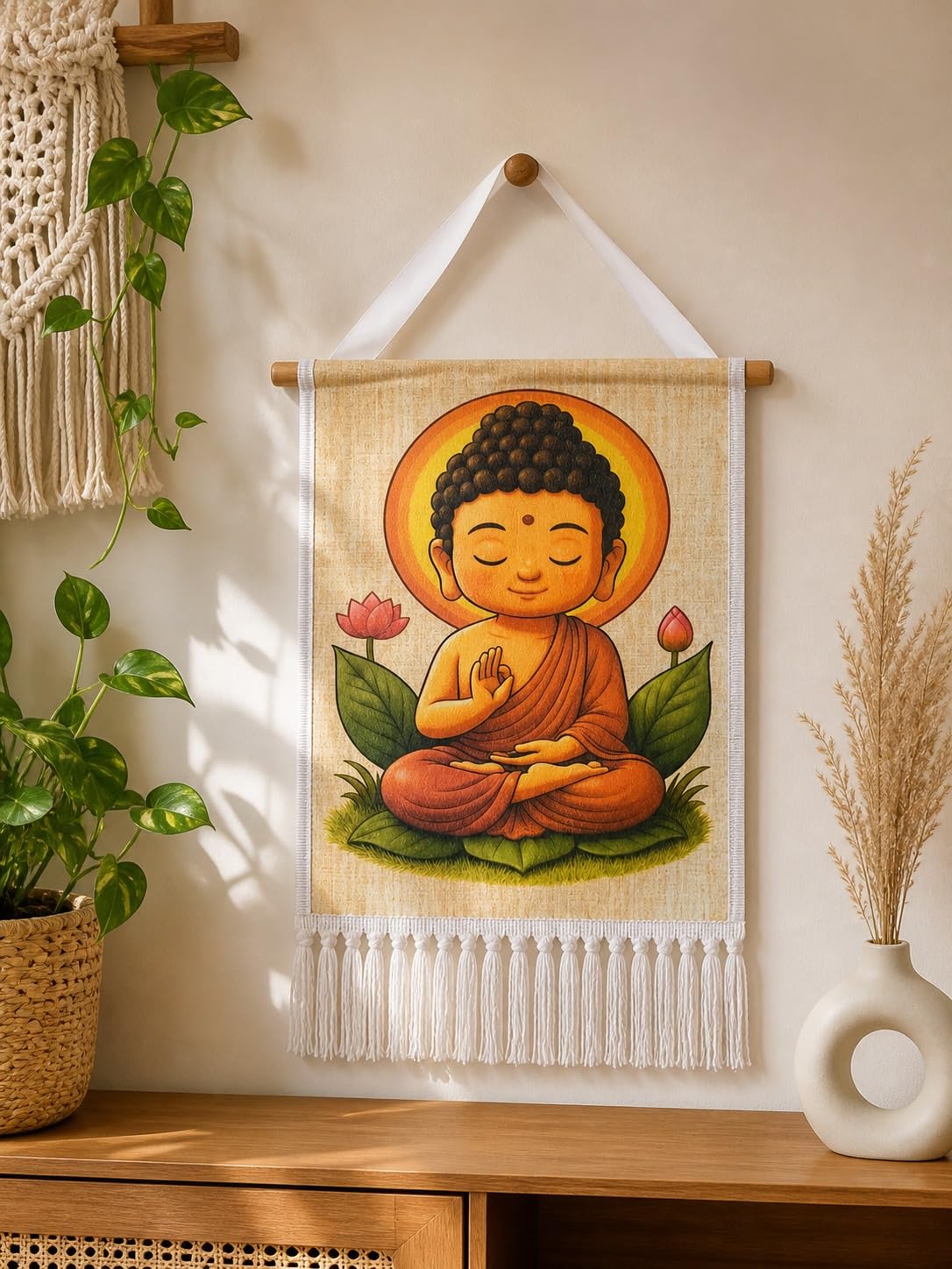 KAVA TRENDS Buddha Fabric Wall Hanging with Tassels, Meditating Design, 14x21 Inch, for Living Room, Home Temple, Kids Room-image-29