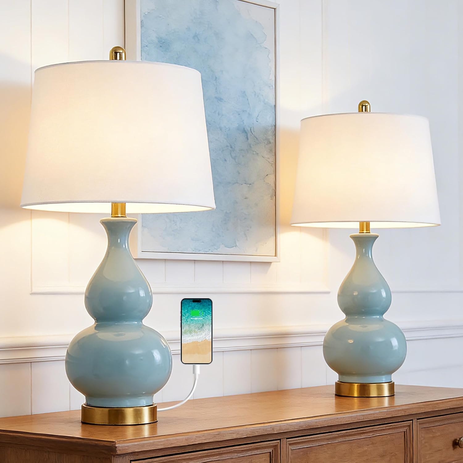 Maxax 26" Ceramic Table Lamps for Bedroom Set of 2, Blue Bedside Lamps with USB Charging Port, 3 Way Dimmable Gourd Nightstand Lamp for Living Room, Office