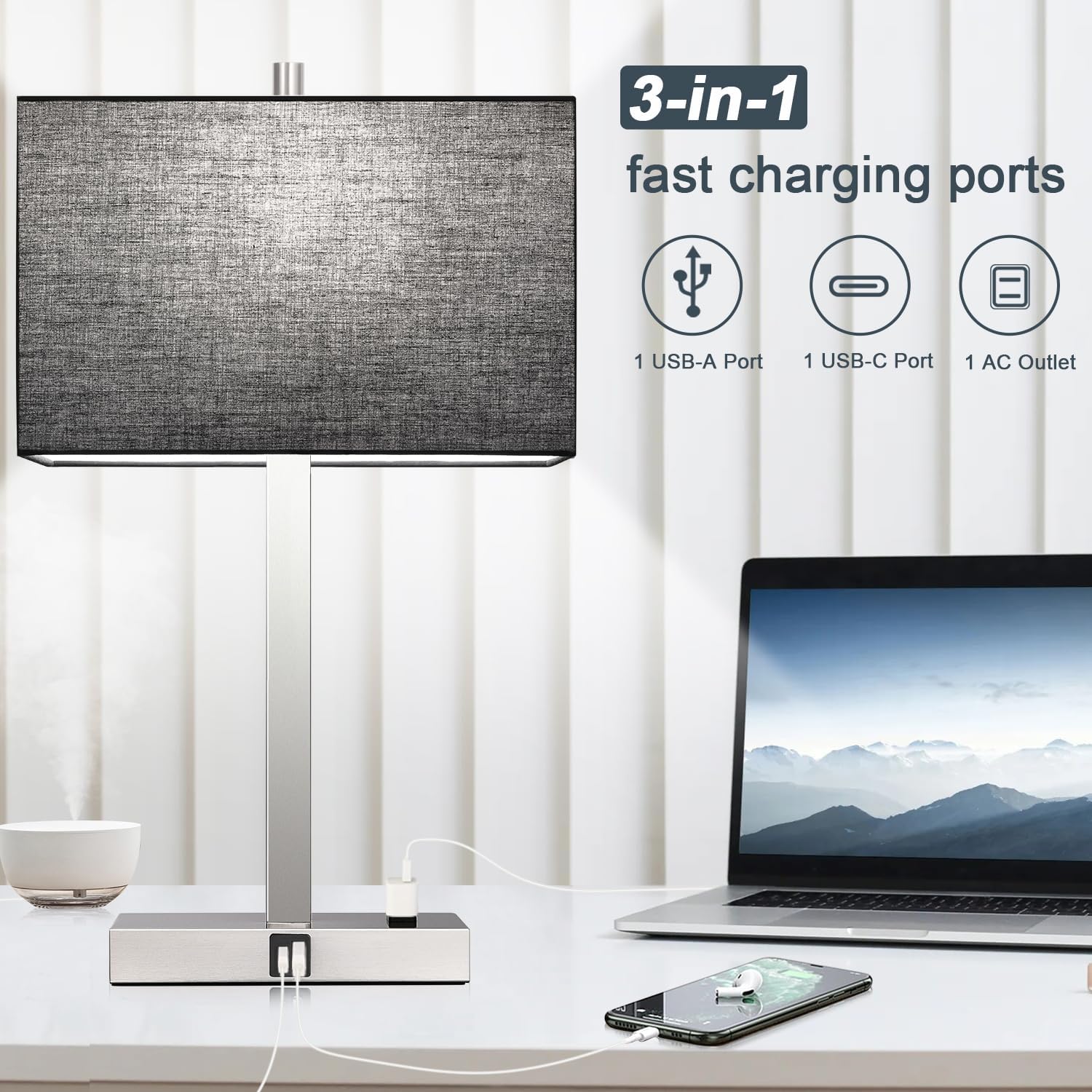 21" Touch Bedside lamps with 2 USB & AC Outlets, 3-Way Dimmable Bedside Table Lamps Set of 2 for Bedroom Living Room Office Reading, Black Shade Lamps for Night Stands, 5000K LED Bulbs Included