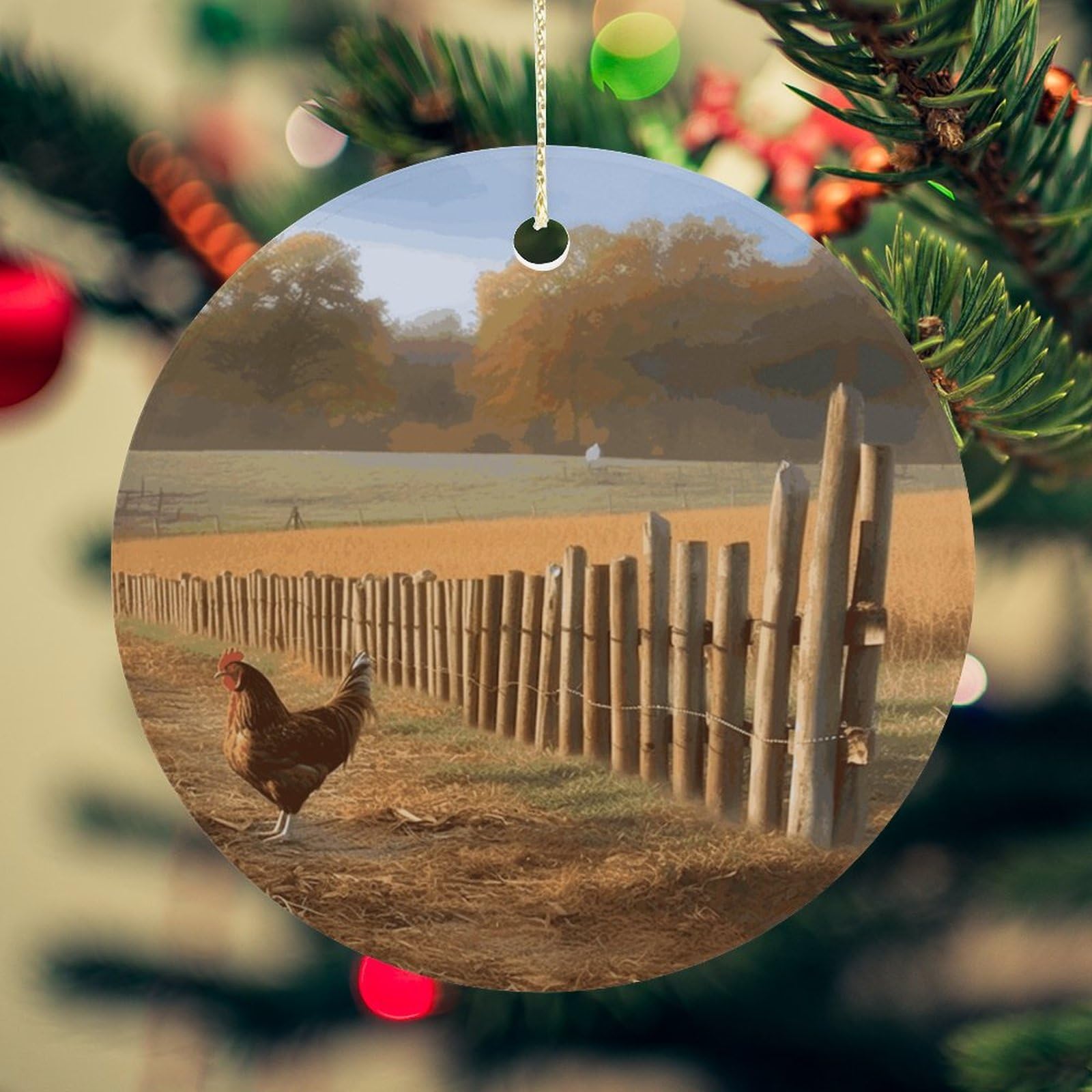 Chicken Wood Stake Farmland Christmas Ornament for Christmas Tree Ceramic Round Ornament Winter Holiday Keepsake Gift 2.7" Christmas Tree Hanging Decorations Circle Ceramic Pendant Xmas Gift