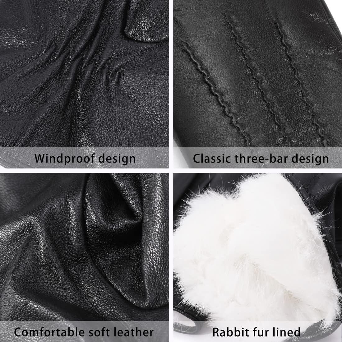 Harssidanzar Leather Gloves for Men,Winter Rabbit Fur Lined Soft Genuine Leather Gloves KM047US